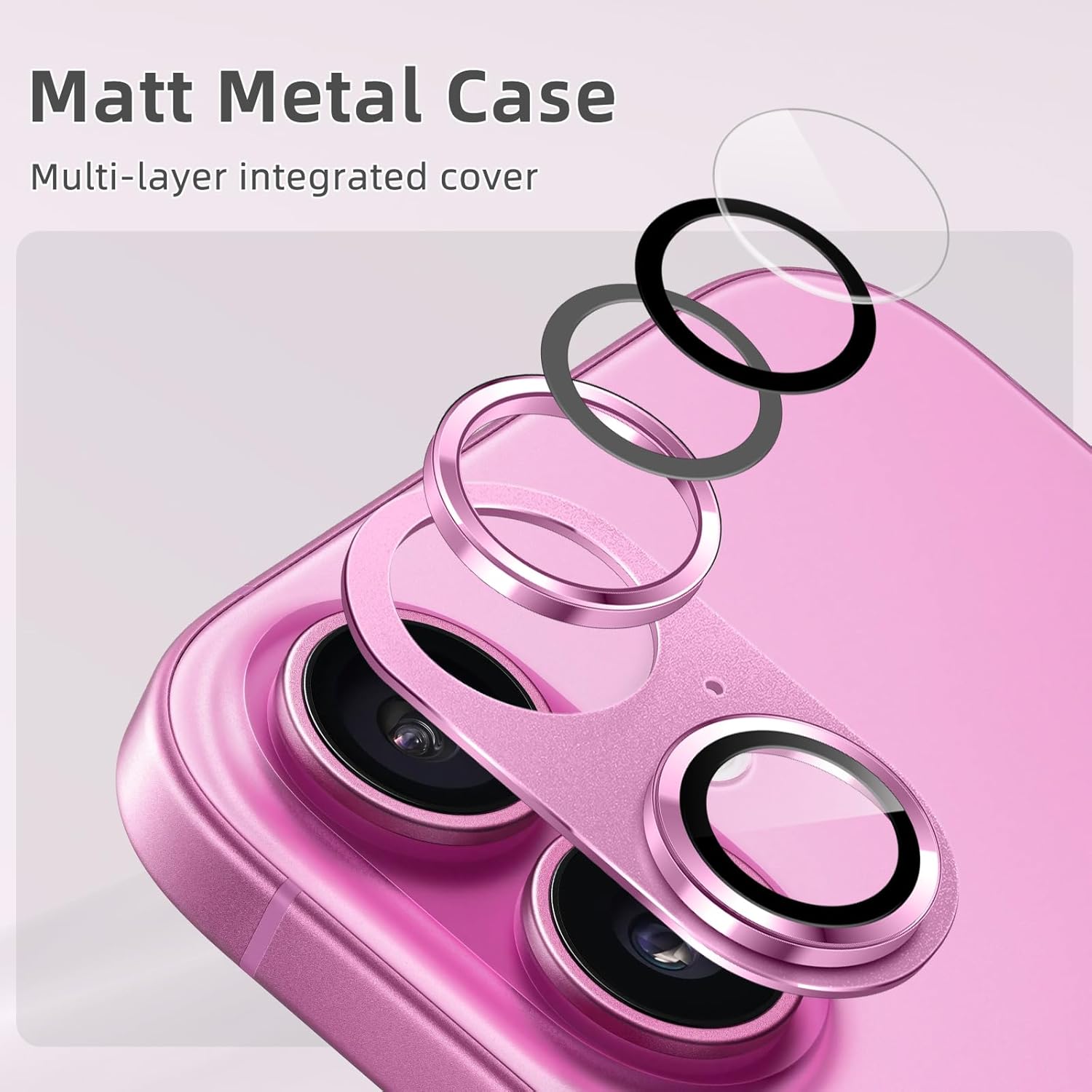 Detalle de SumRioo Kameraschutz für iPhone 16/16 Plus – Kamera-Panzerglasfolie aus Aluminiumlegierung, 9H Härte, rosa