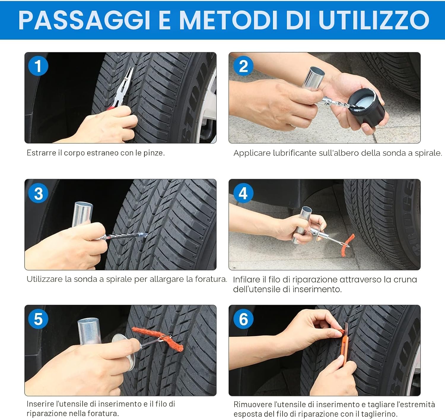 Thumbnail 5 de QUNNIE Kit di Riparazione Pneumatici, 48 Pezzi: utensili universali per forature e spine con impugnatura a T