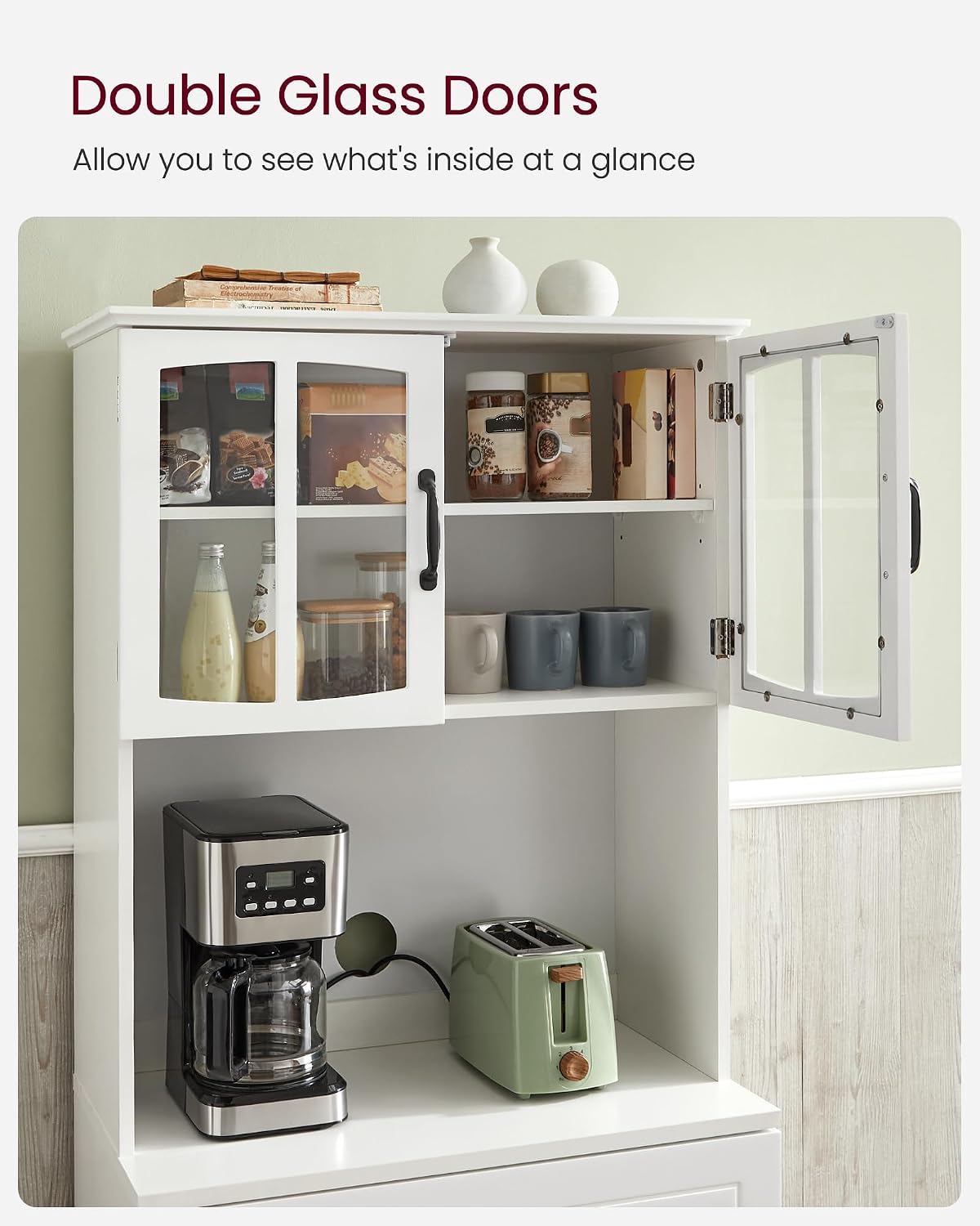 Detalle de VASAGLE LSC361W21 Tall Kitchen Cabinet with Glass Doors and Adjustable Shelves
