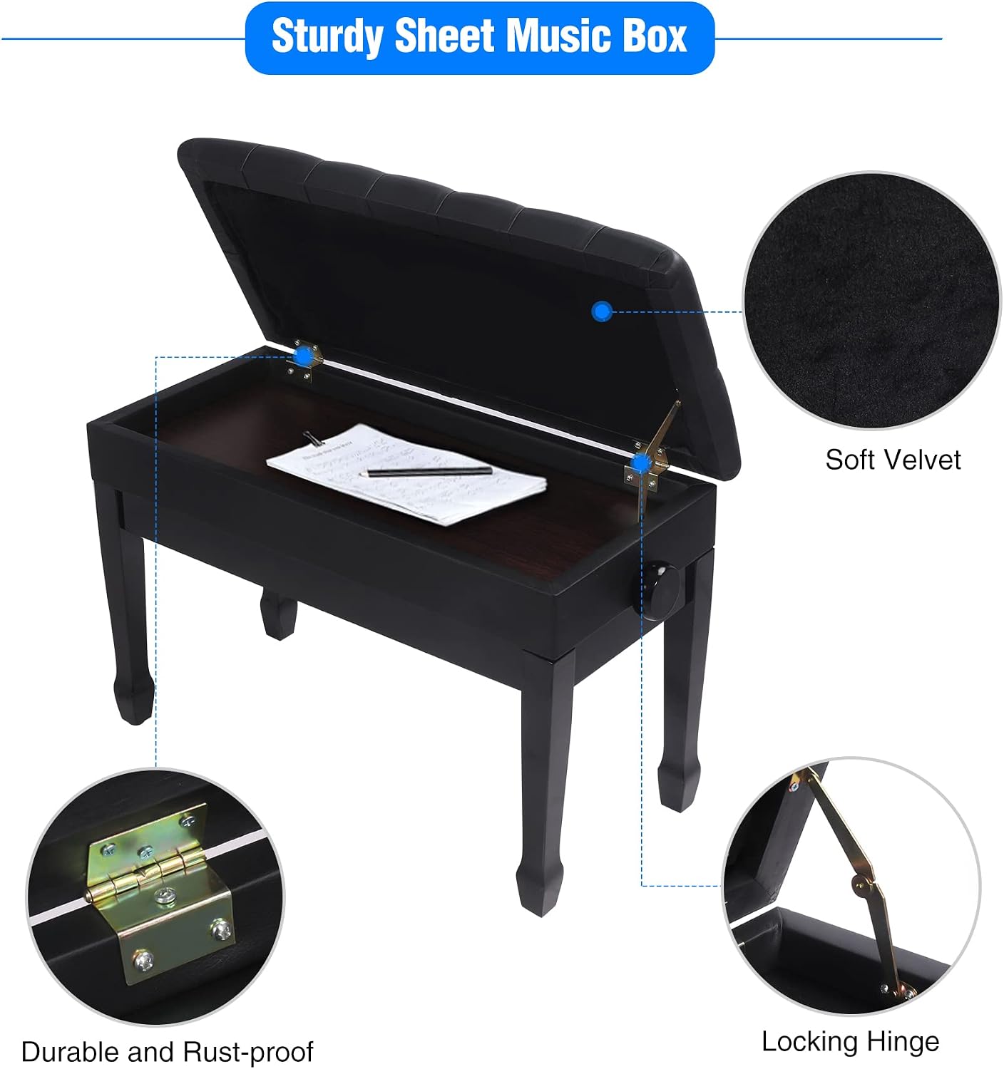 Thumbnail 5 de ALAPUR 50528 Adjustable Duet Piano Bench with Storage, Black PU Leather