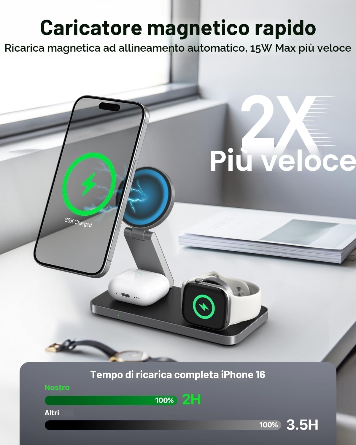 Detalle de Caricatore wireless 3 in 1 con Mag-Safe per iPhone, Apple Watch e AirPods Pro