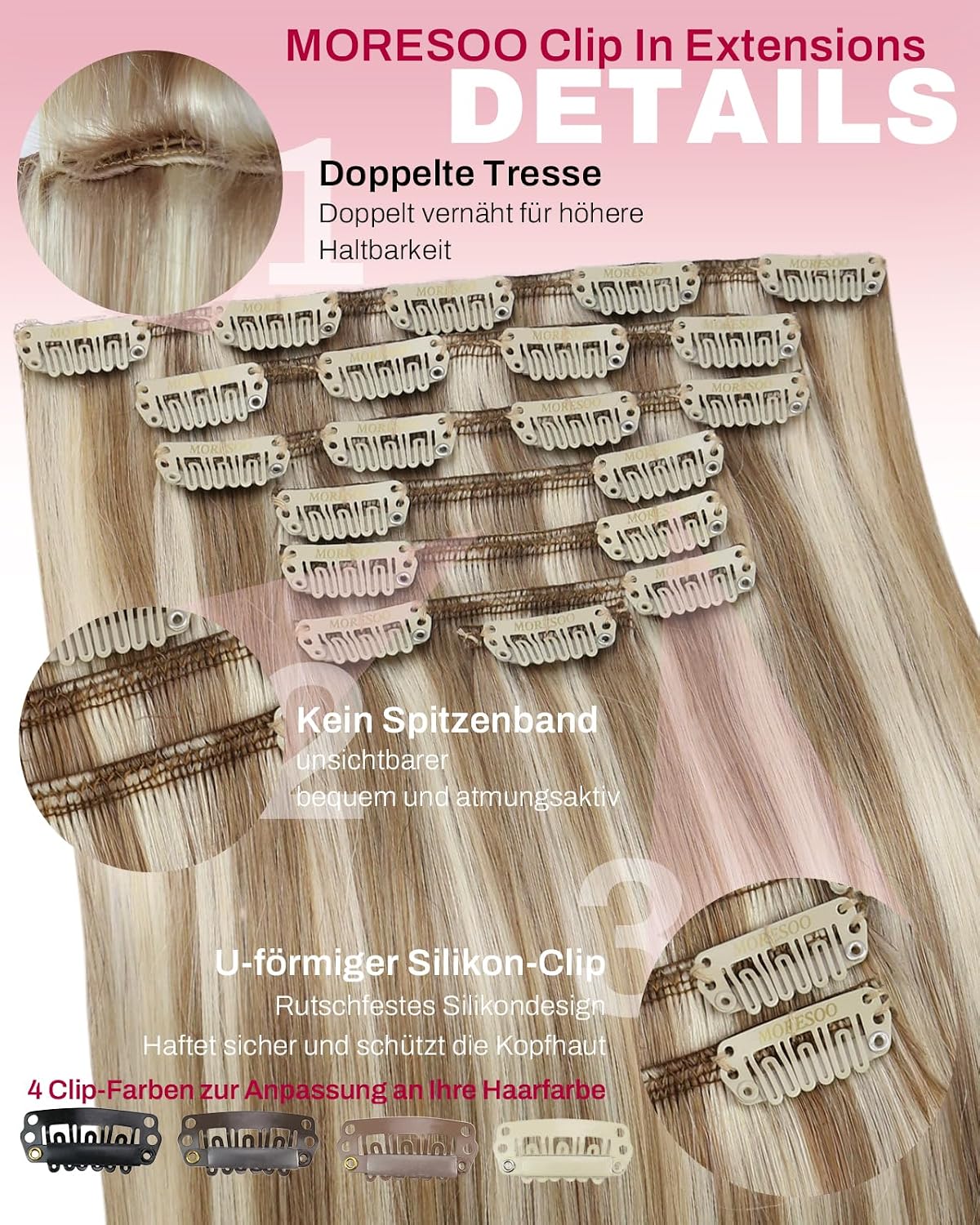 Detalle de Moresoo Clip-in Extensions Echthaar – 50 cm, 7 Stück, 120 g