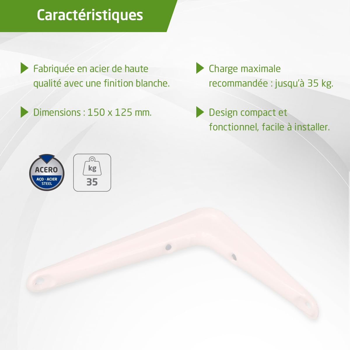 Detalle de AMIG - Support pour Étagère Murale en Acier 250x200 mm, Blanche, jusqu’à 35 kg