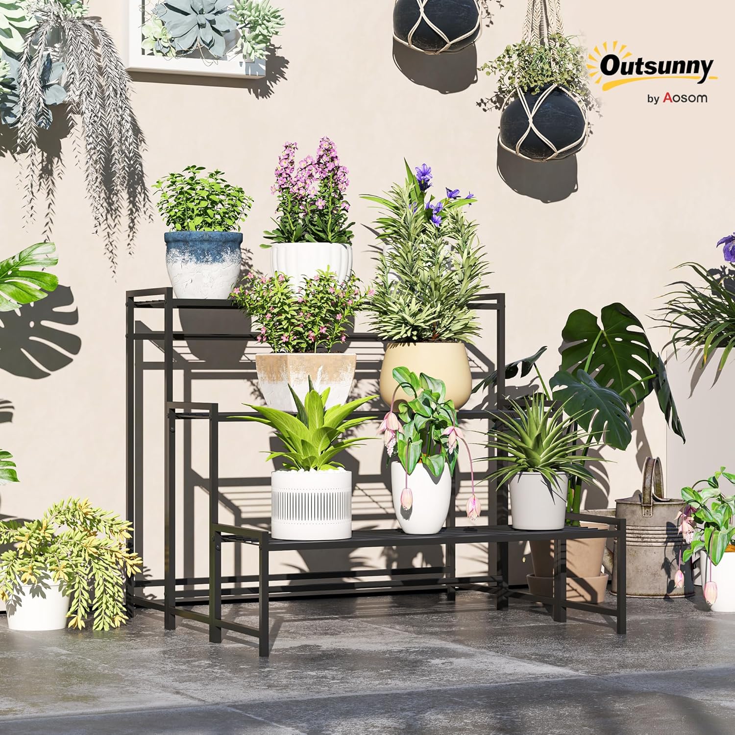 Detalle de Outsunny 3-Tier Metal Plant Stand: Modern Ladder Shelf for Indoor & Outdoor Display