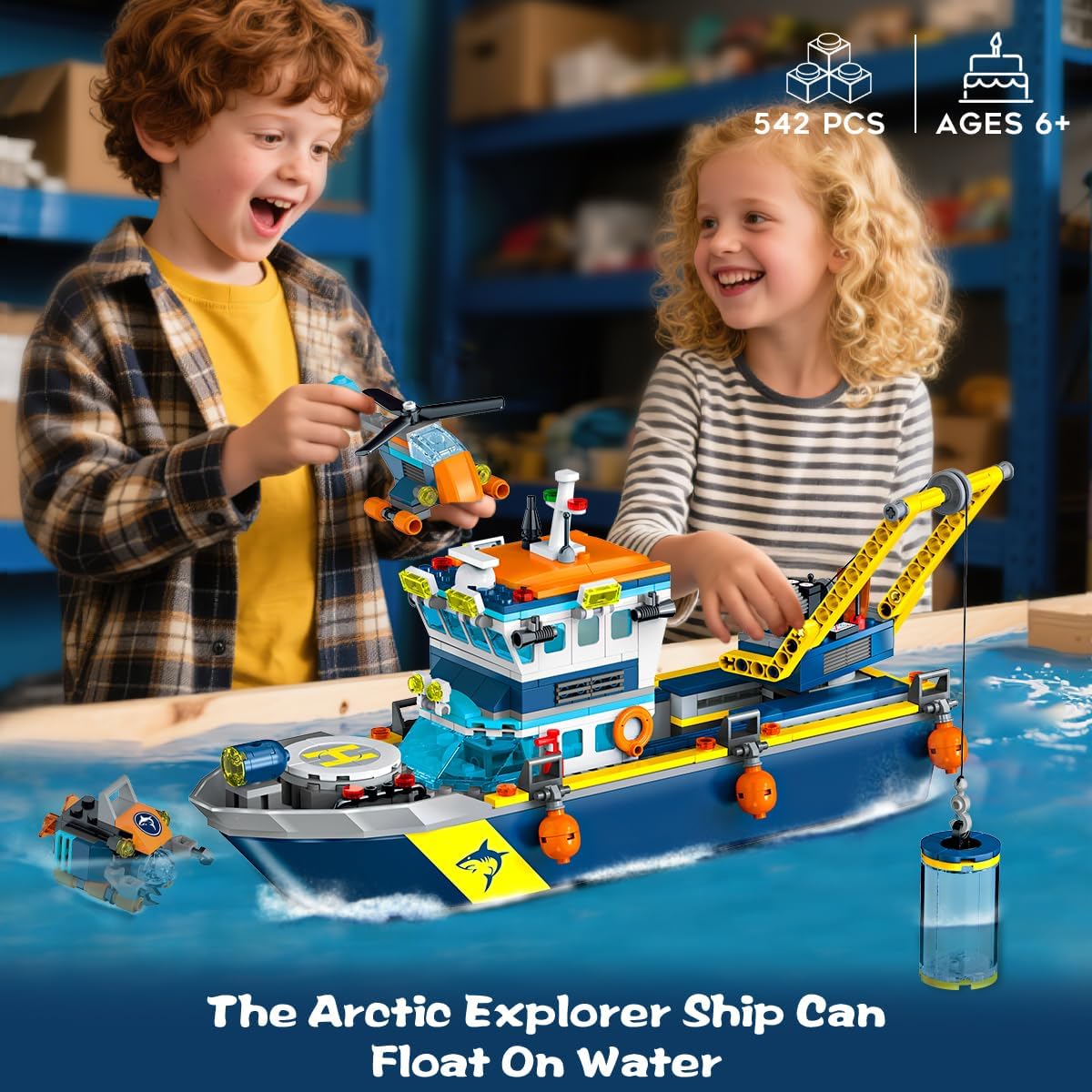 Thumbnail 1 de HiWEEGO City Floatable Boat Building Set with LED Light — Ocean Arctic Explorer Ship Kit (542 pcs)