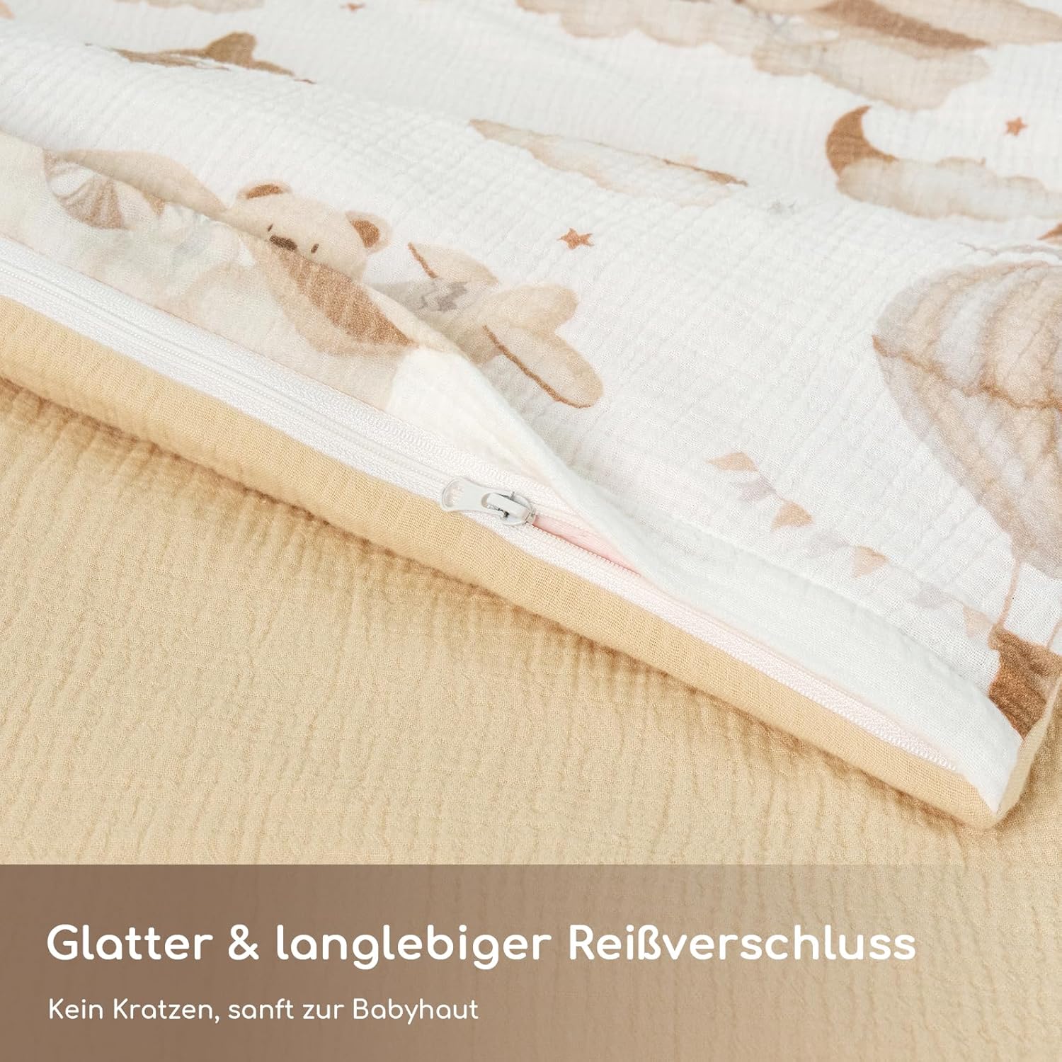 Detalle de Yukkidds Musselin Kinderbettwäsche 100x135 – Bettbezug 100x135 cm + Kissenbezug 40x60 cm aus 100% Baumwolle (Brauner Ballon)