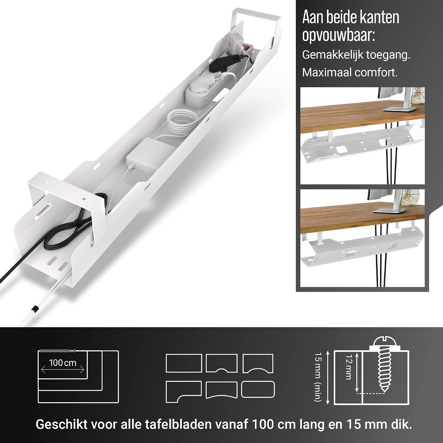 Detalle de Ultimate Setup kabelgoot voor bureau, openklapbaar, wit, draagvermogen tot 15 kg