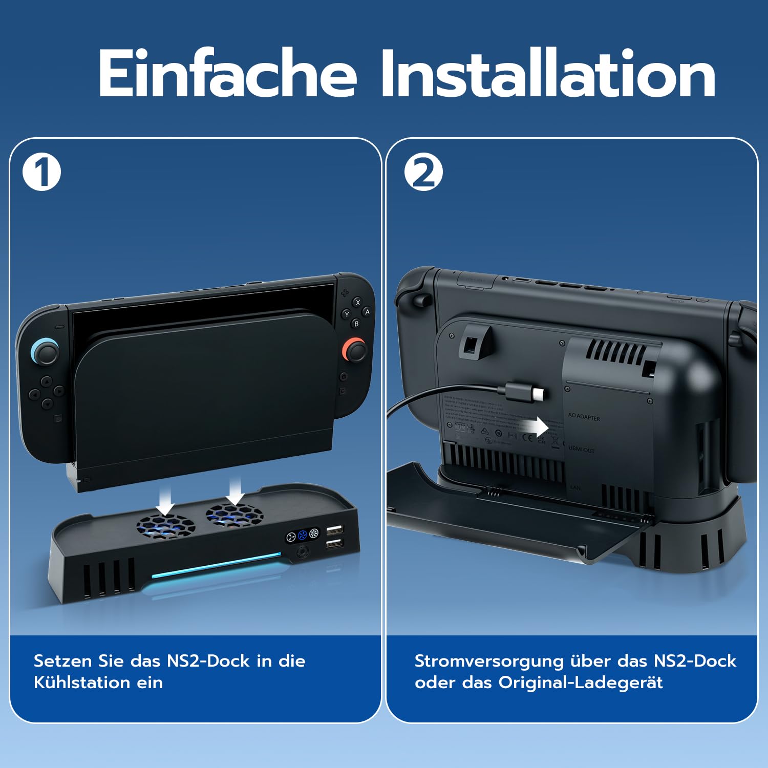 Detalle 1 de Mcbazel Switch 2 Dock Kühlventilator-Ständer mit RGB, 3-stufig & 8 Karten-Slots