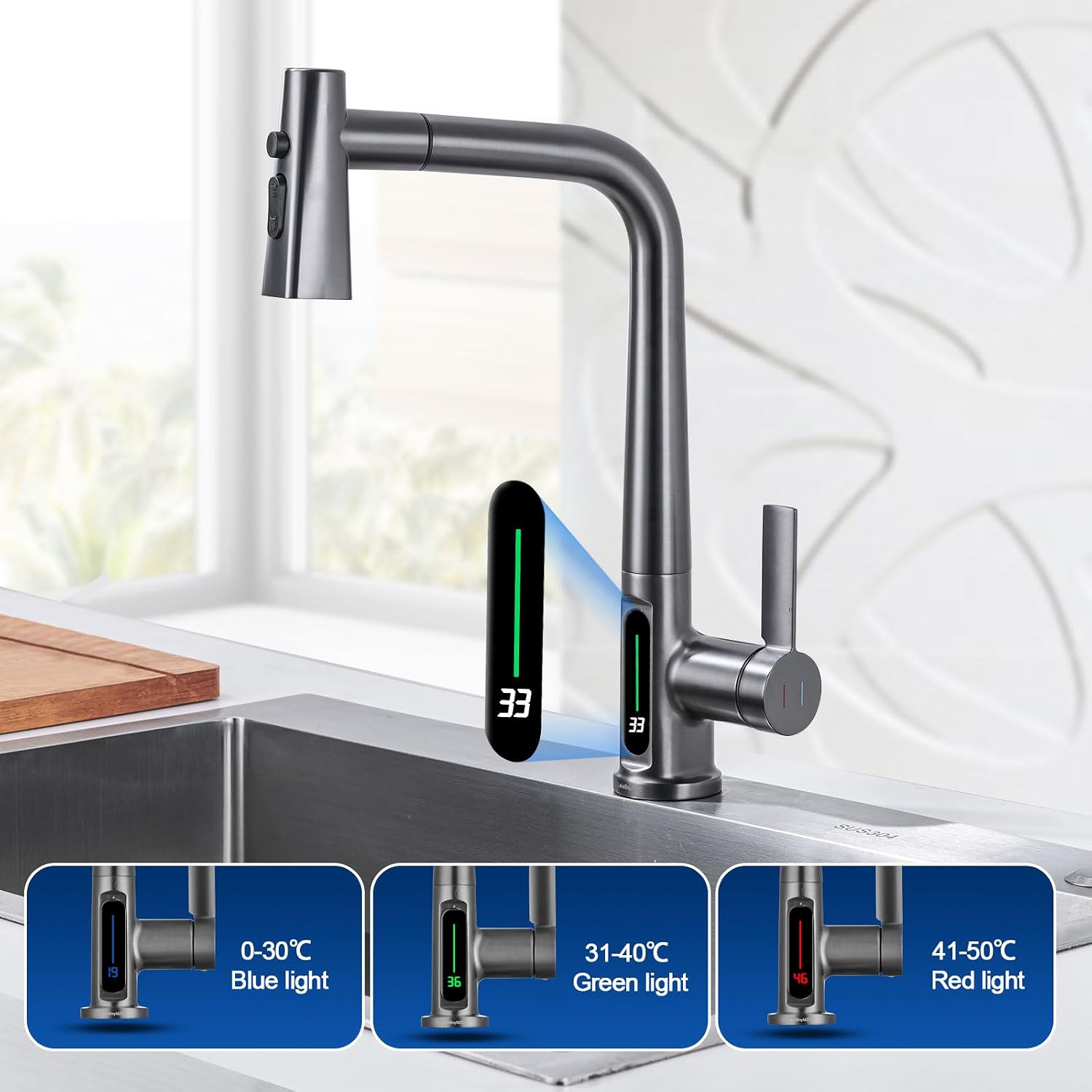 Detalle 2 de LakeBayMZC robinet cuisine LED 360° gris
