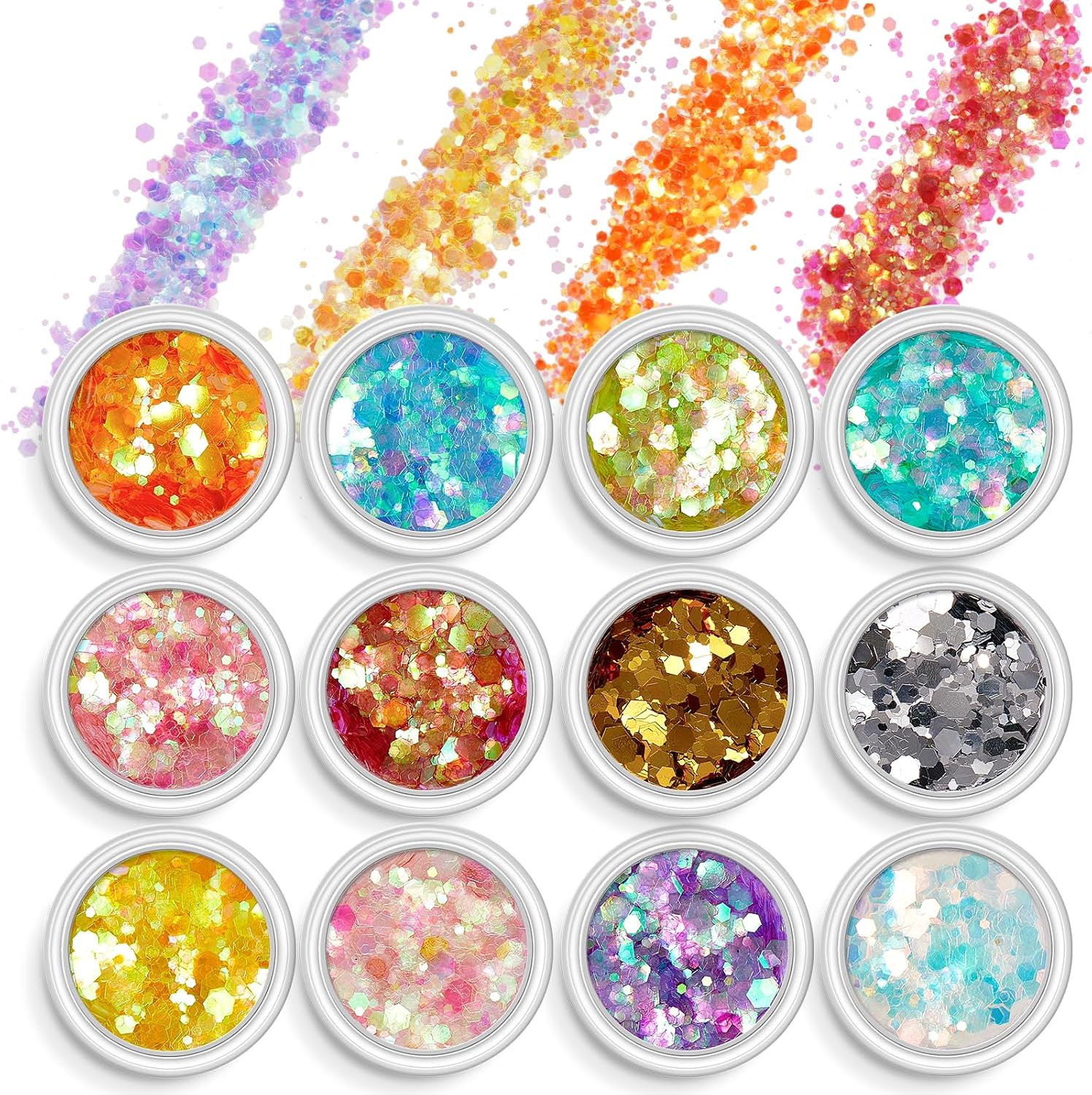 Detalle de AOOWU Paillettes Unghie: kit polvere glitterata olografica con 12 colori per DIY viso, corpo e manicure