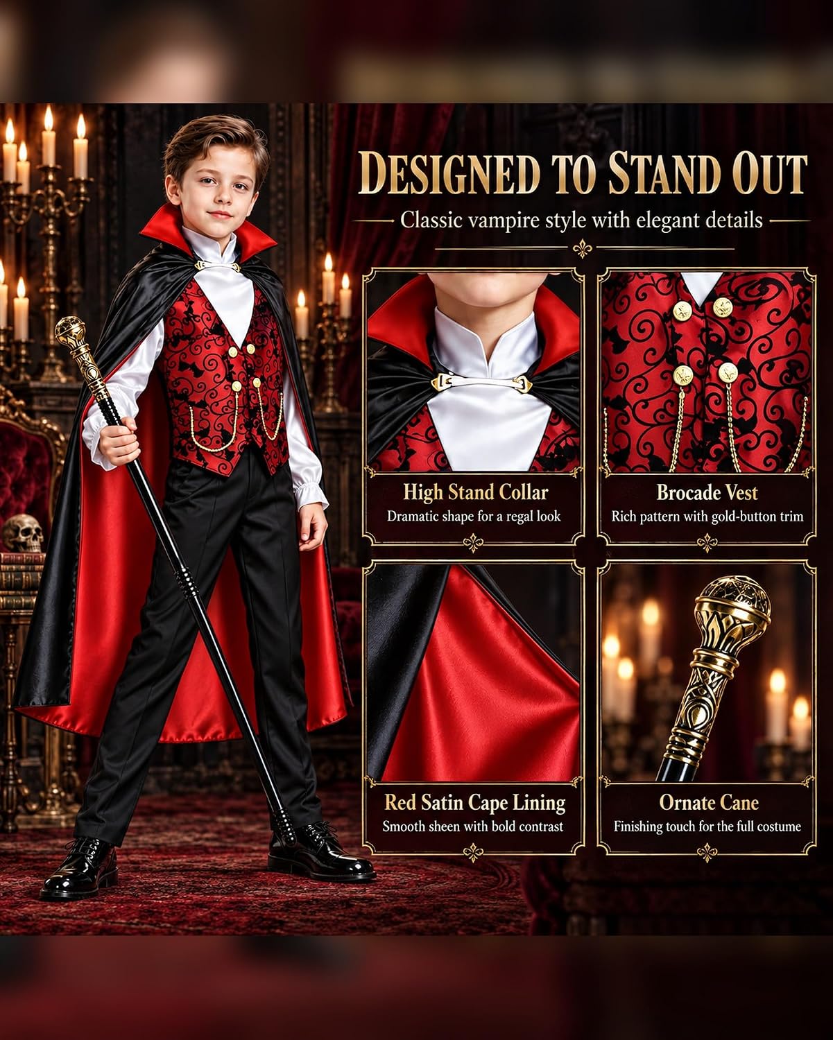 Thumbnail 2 de BLmukce Boys Vampire Costume Set with Cape, Shirt, Pants and Cane