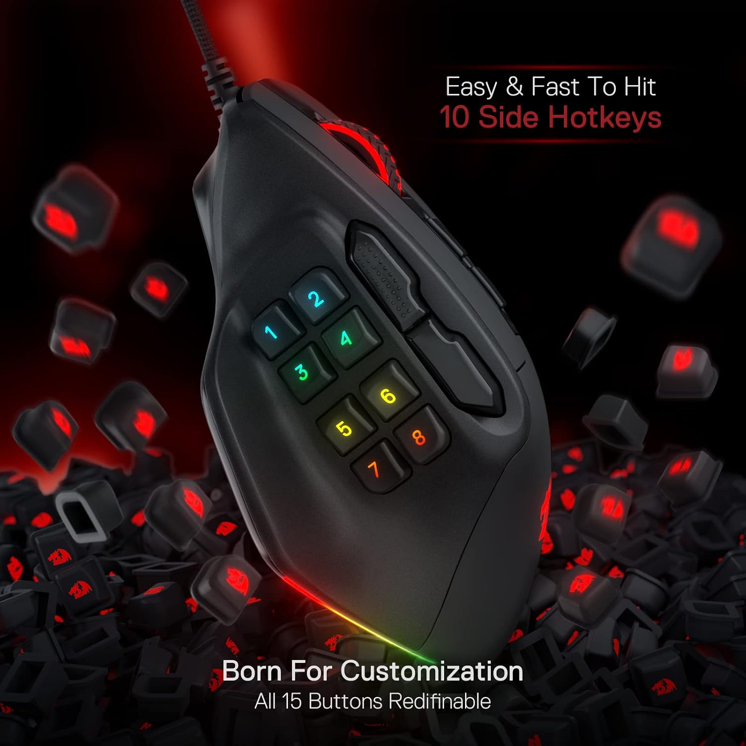 Detalle de Redragon M811 Aatrox MMO mouse da gioco cablato con 15 pulsanti programmabili e RGB