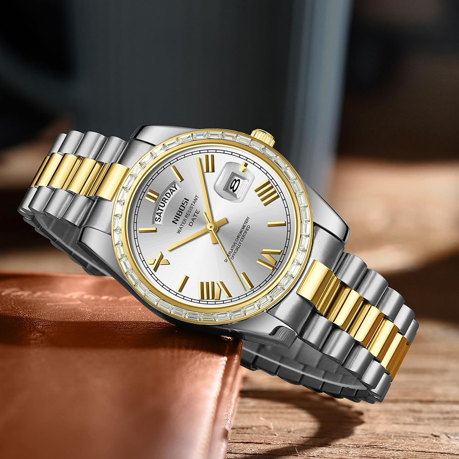 Thumbnail 5 de NIBOSI Orologio da uomo analogico al quarzo con lunetta con diamanti, quadrante con giorno/data e impermeabilità 3 ATM