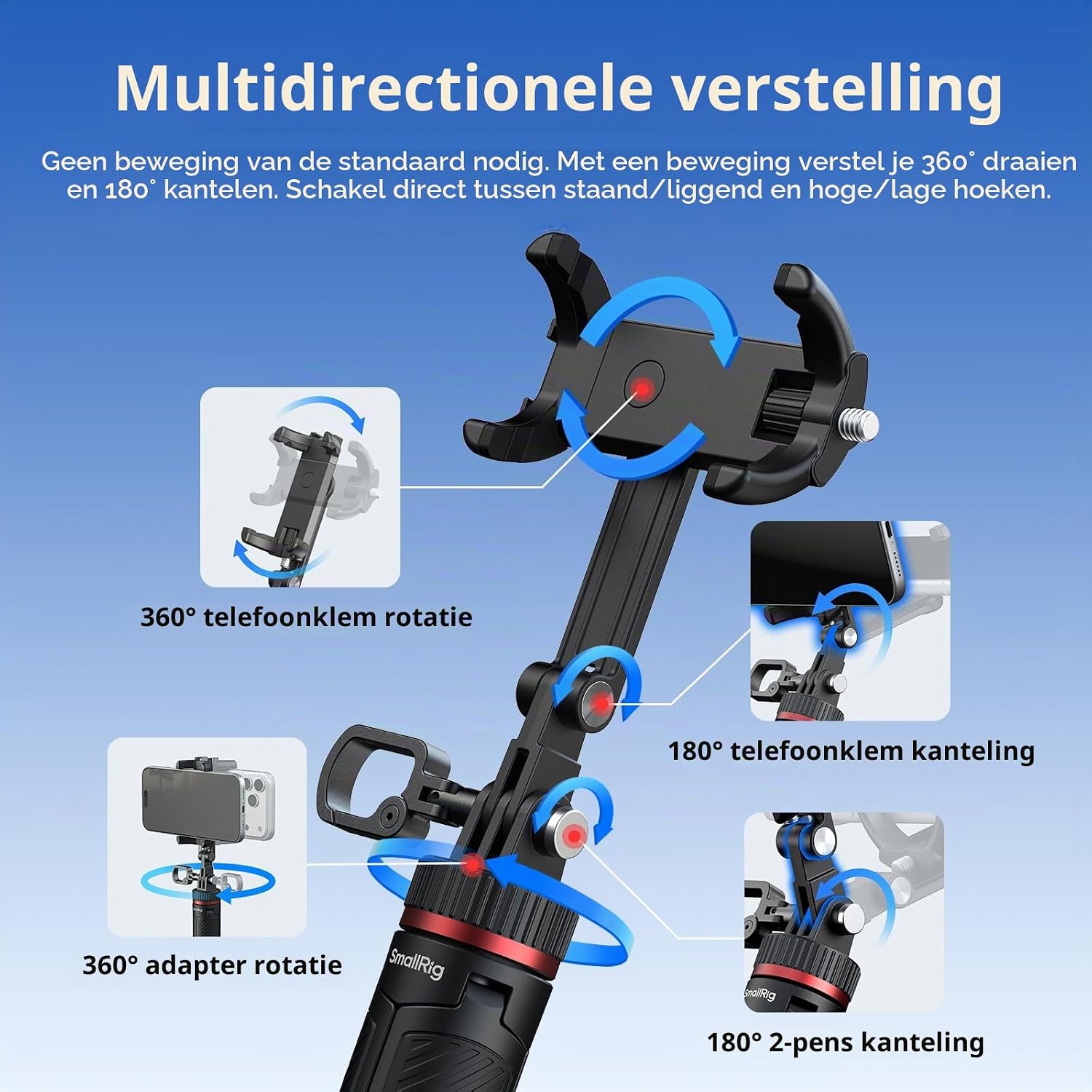 Detalle de SMALLRIG VT-17 3-in-1 reisstatief met telefoonhouder en karabijnhaak