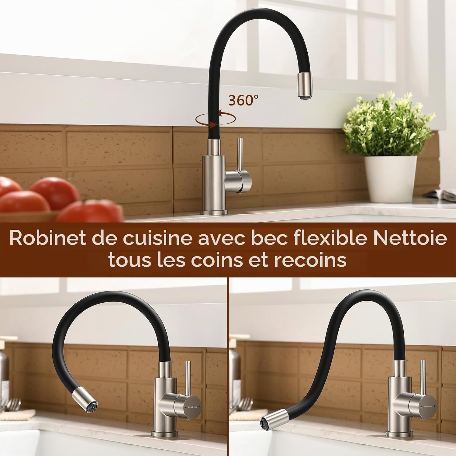 Detalle 2 de KeeGone KGKF013AS1-EU keukenkraan met flexibele handdouche, chroom en 360° draaibaar