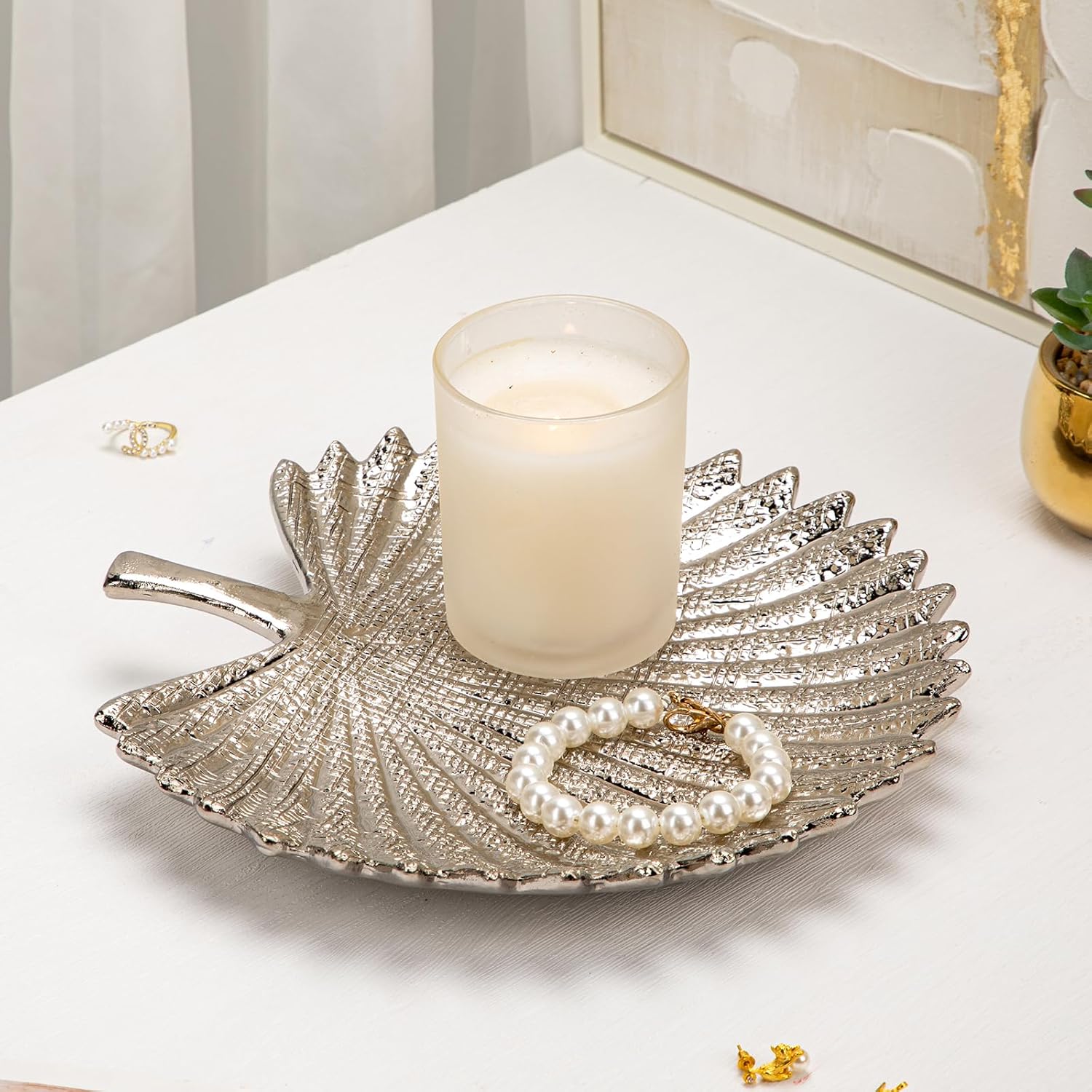 Detalle de Oairse Set of 2 Silver Leaf Ceramic Jewellery Trays (Large & Medium)