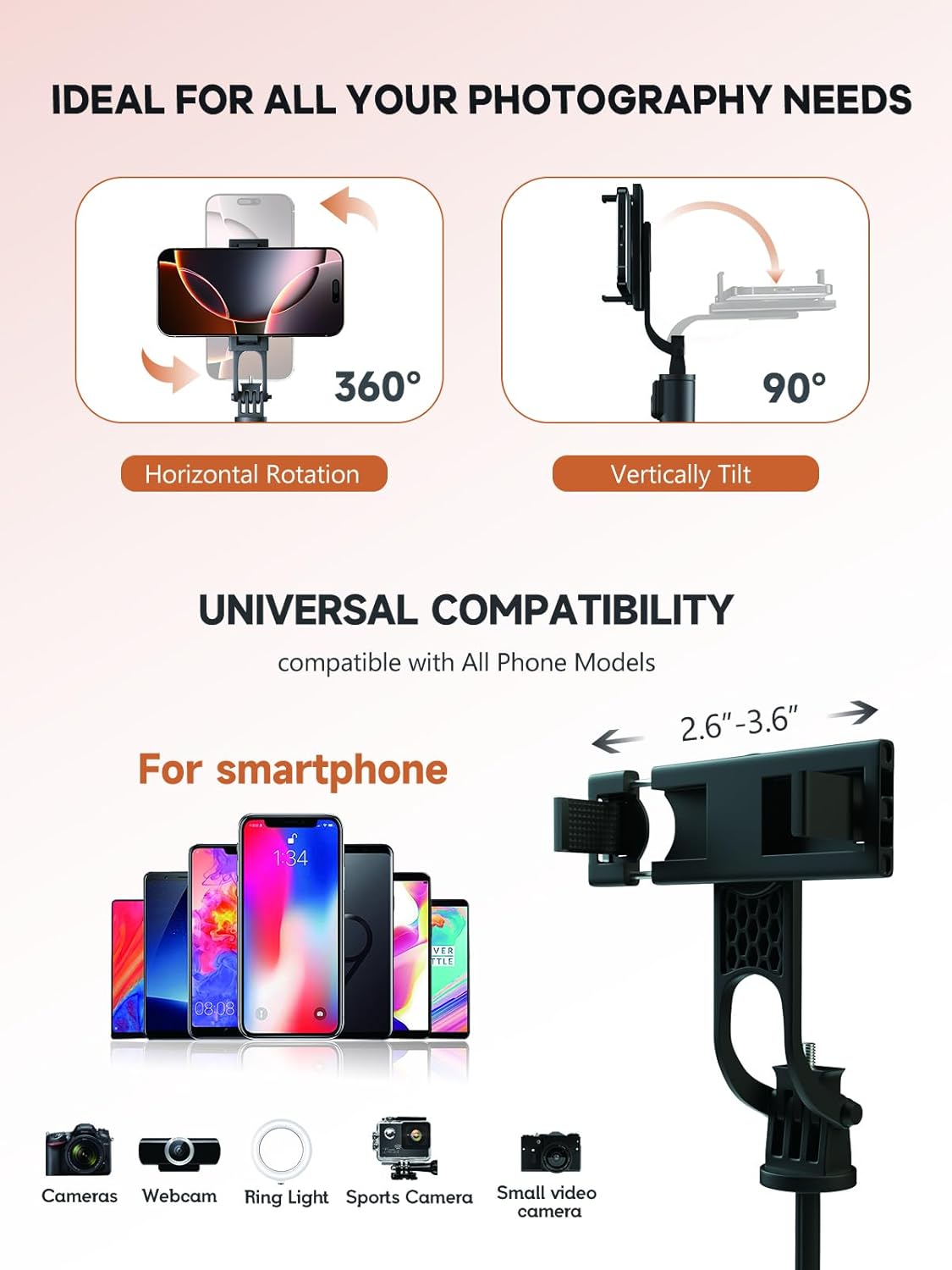 Detalle de QIVORO 71"/180cm Phone Tripod: Portable, Extendable Selfie Stick and Tripod for Phone or Camera