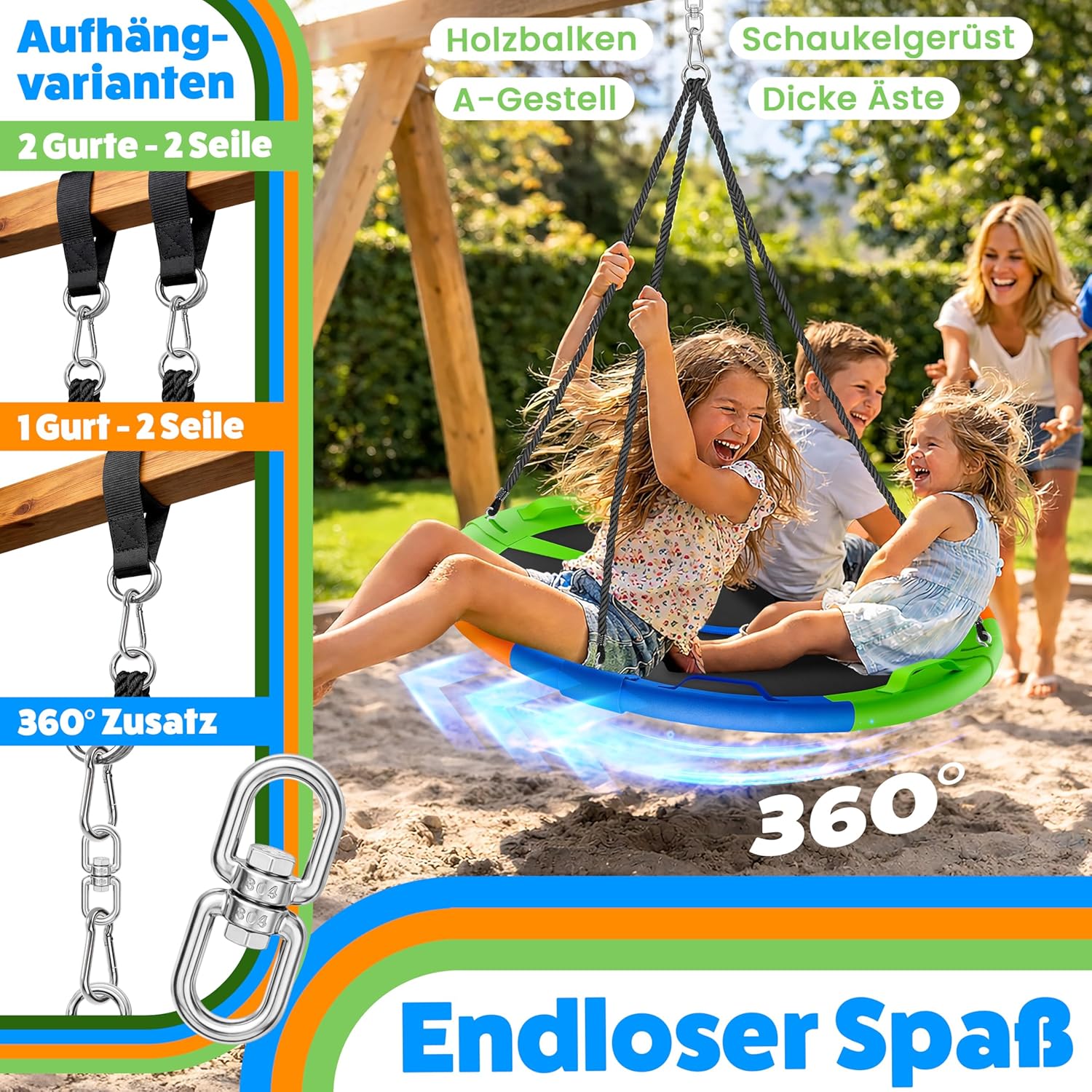 Thumbnail 5 de ELONEO Nestschaukel Outdoor & Indoor mit 120 cm Durchmesser – höhenverstellbare Tellerschaukel bis 300 kg