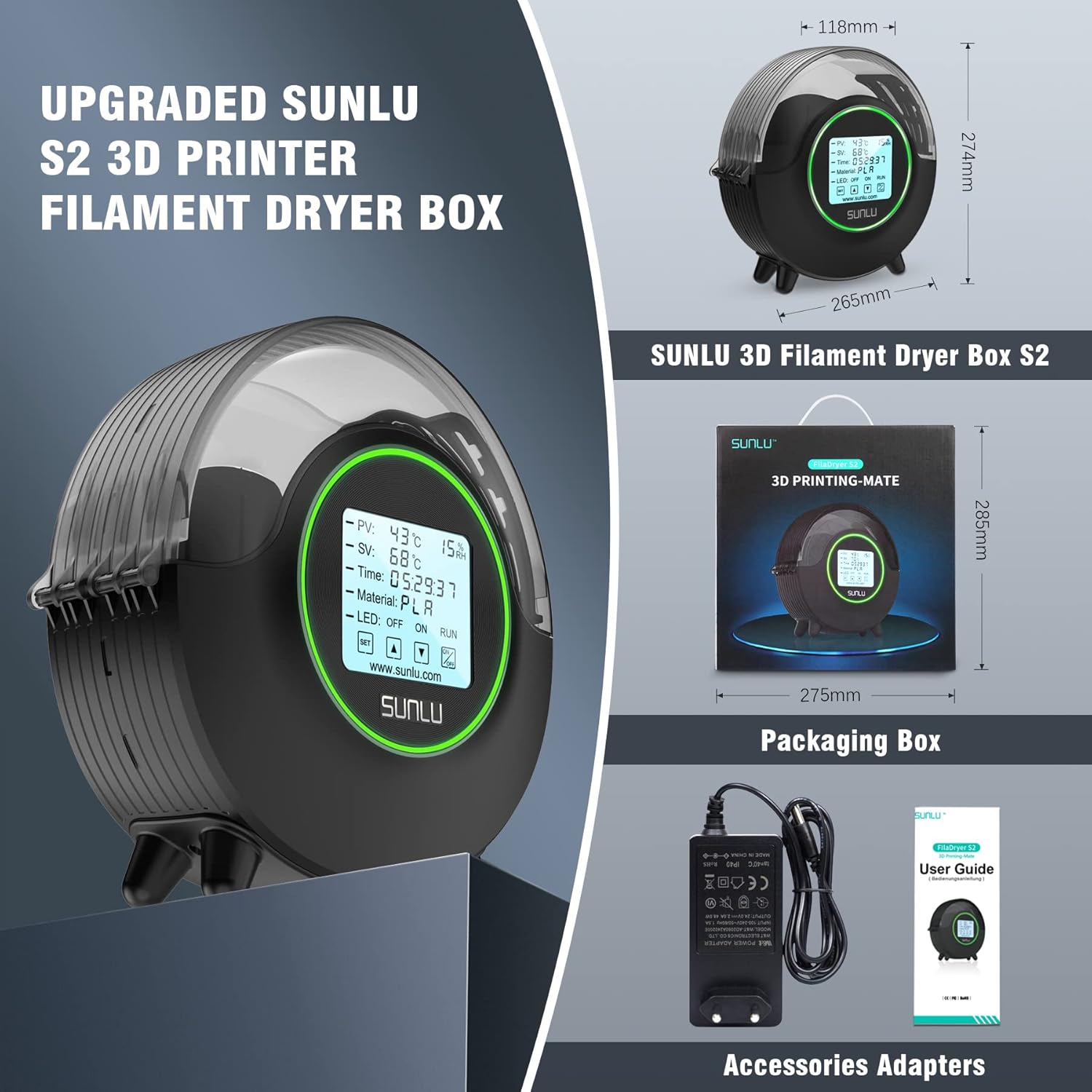Thumbnail 6 de SUNLU S2, boîte de séchage pour filament 3D (1,75 / 2,85 / 3 mm) avec chauffage à 360°