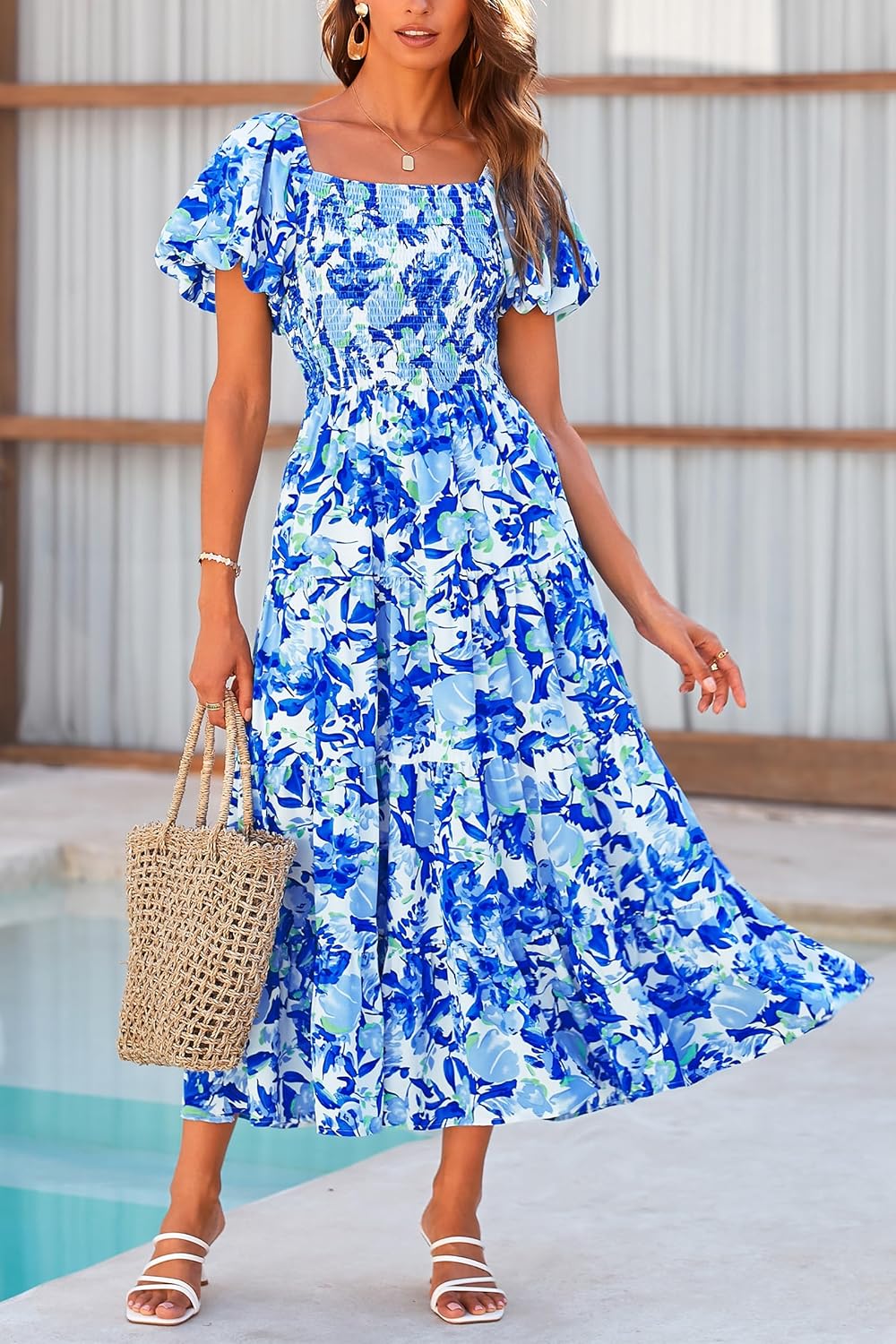 Thumbnail 5 de PRETTYGARDEN Women’s Casual Summer Midi Dress with Puffy Short Sleeves and Square Neck (Smocked Tiered Ruffle)