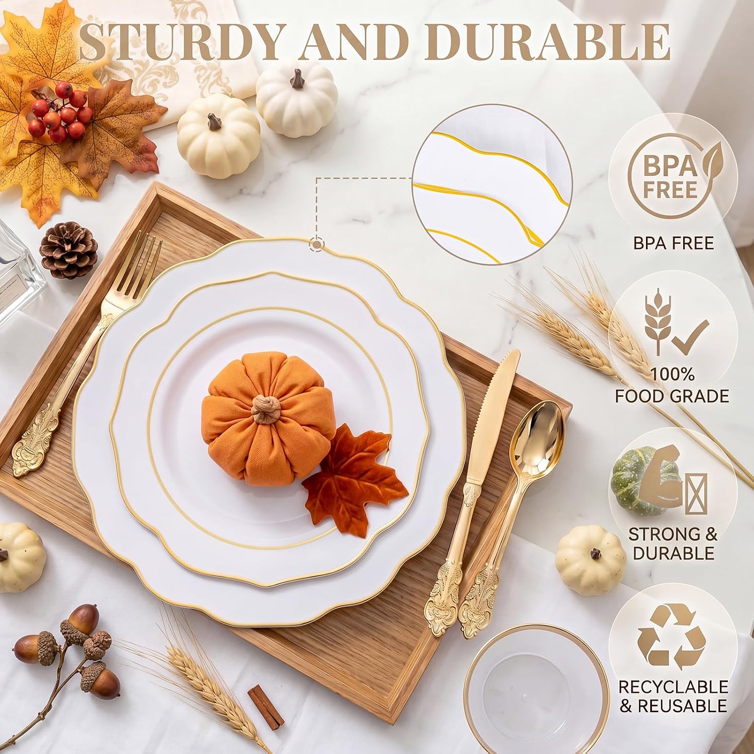 Detalle 2 de NOCCUR 175-Piece White and Gold Plastic Dinnerware Set with Flower-Shaped Plates