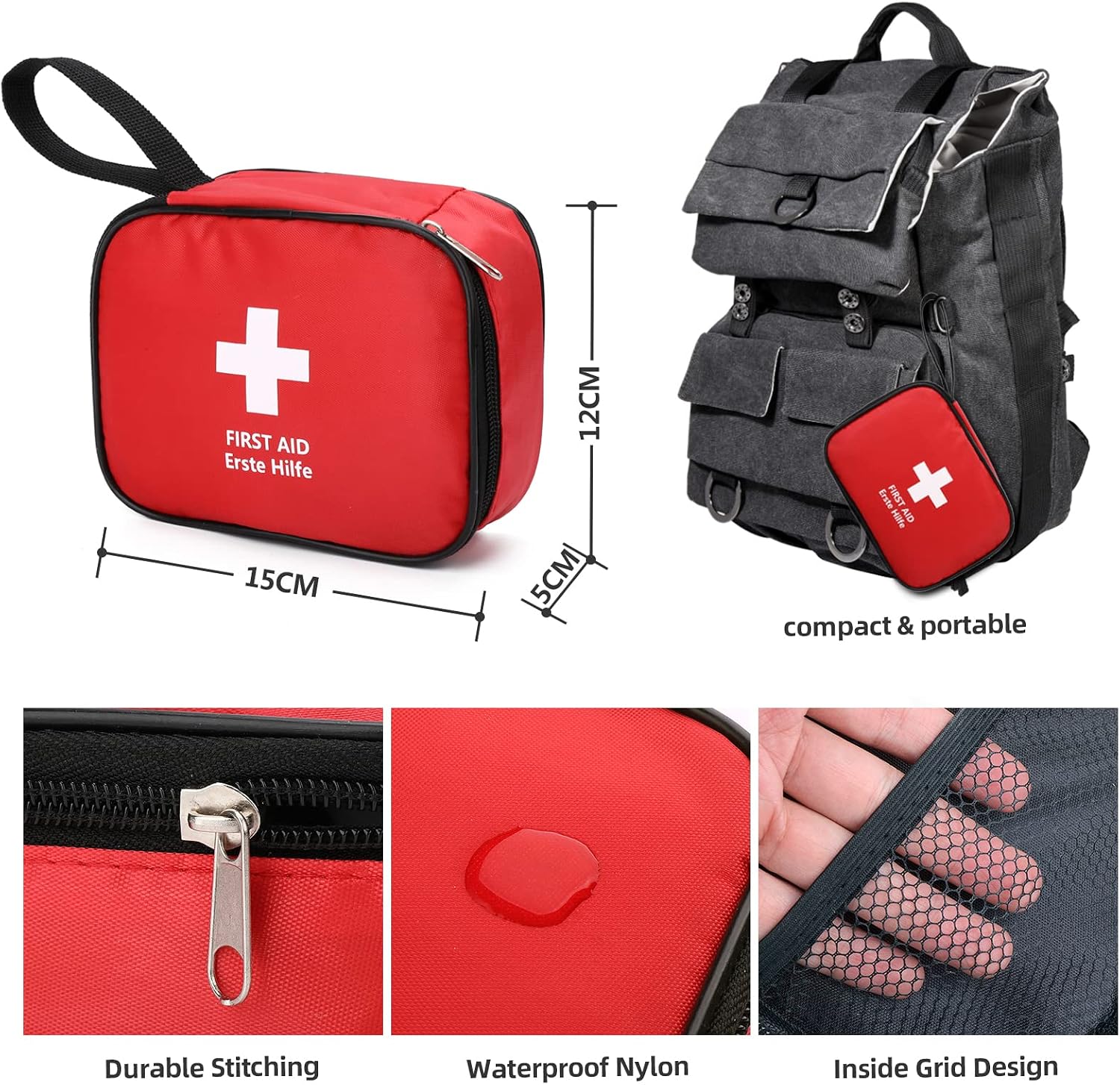 Detalle de HONYAO Mini EHBO-set 90-delig, compact nylon etui van 15 x 12 x 5 cm
