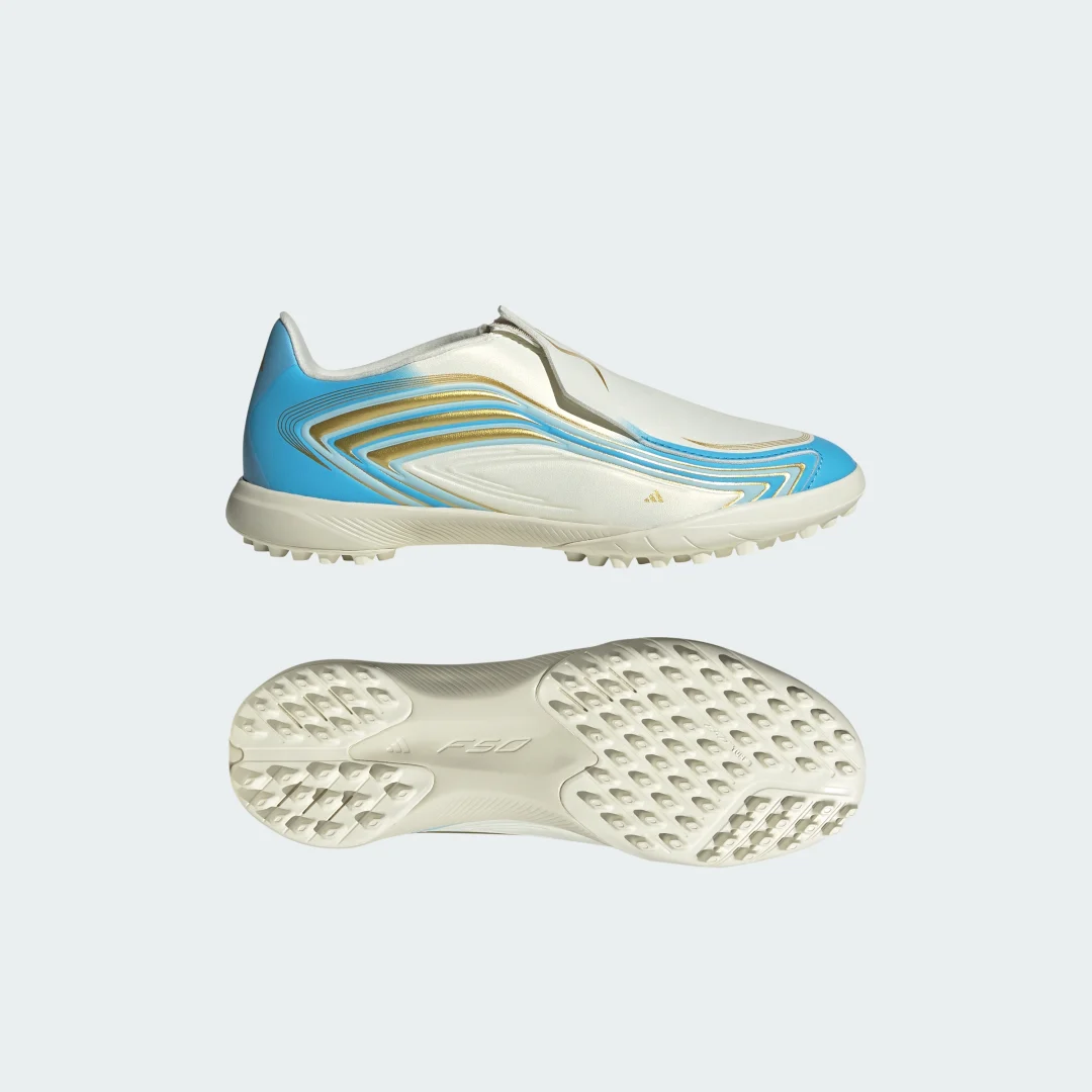 Detalle de Adidas F50 Messi League moqueta sin cordones – Bota beige para césped artificial