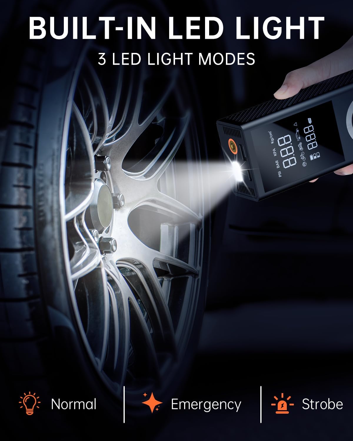 Thumbnail 6 de Portable Tire Inflator Air Compressor (150 PSI) with Digital Gauge, LED Light, 12V Car Adapter & Storage Box