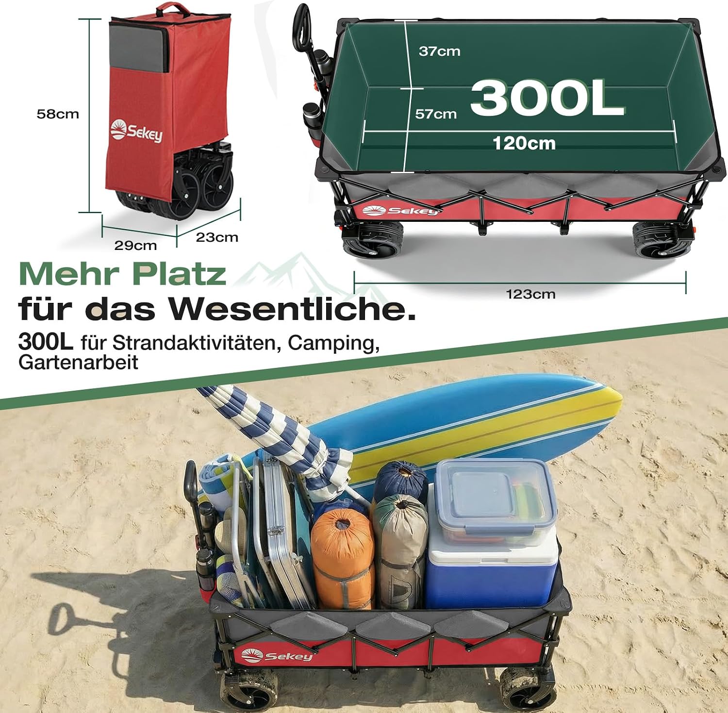 Thumbnail 6 de Sekey XXXL Faltbarer Bollerwagen 300L/200kg – All-Terrain mit Extra Breite, 4-Wege Aufbau, Rot-Grau