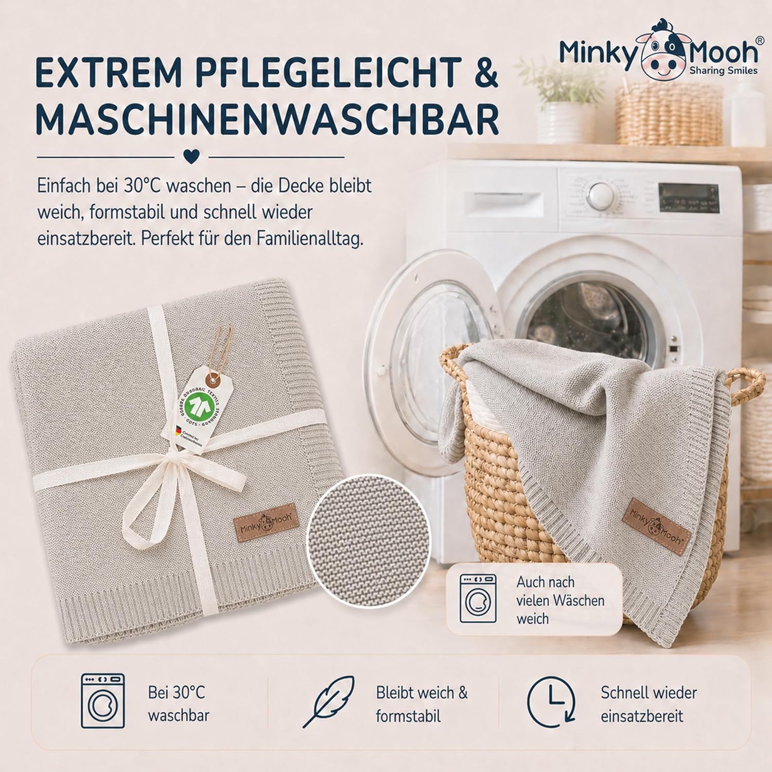 Thumbnail 4 de Minky Mooh® Babydecke aus 100% Bio-Baumwolle, 94x72 cm, grau – Kuscheldecke für Neugeborene