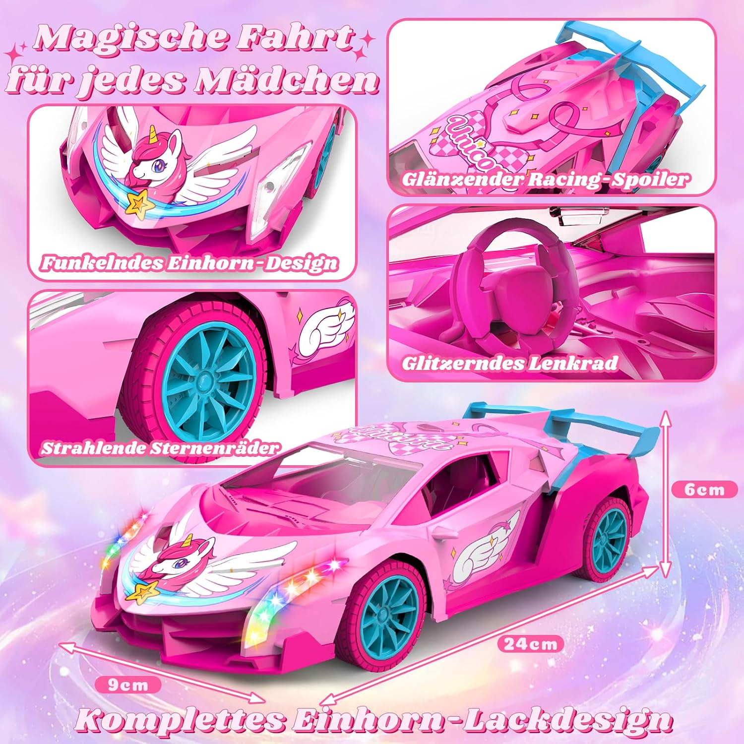 Detalle de Ferngesteuertes Einhorn Auto 1:18 mit bunten Lichtern, 2,4 GHz – geeignet für Mädchen ab 3 Jahren