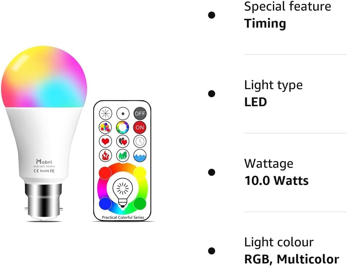 Thumbnail 6 de Mobri B22 LED Colour Changing Light Bulbs with Remote Control (75W Equivalent) – Bayonet, Dimmable, 120 RGB Colours + Daylight White