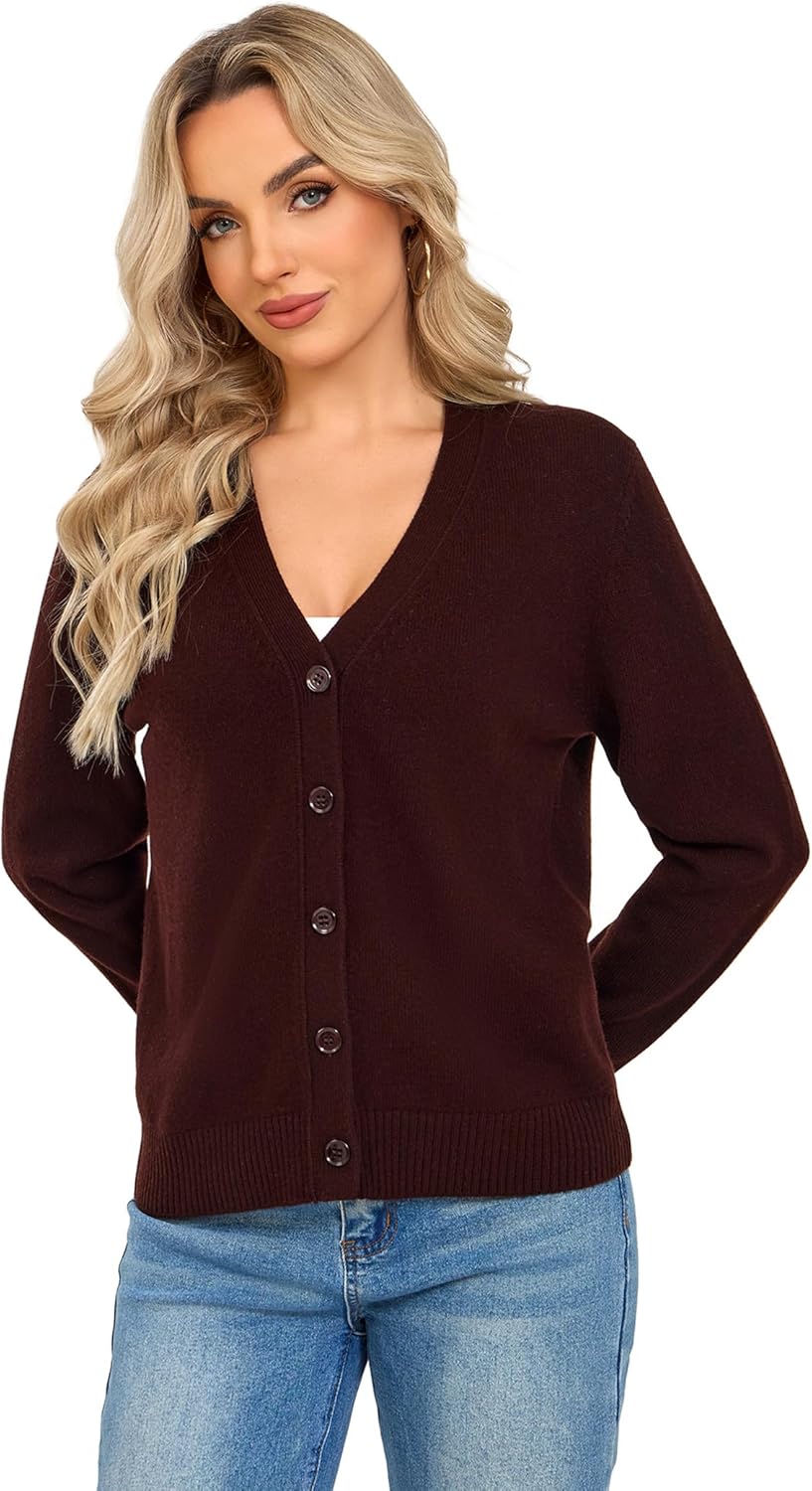 Detalle de VETLURY Damen-Strickjacke aus 100% Merinowolle – V-Ausschnitt, grob offen, Perlmuttknöpfe