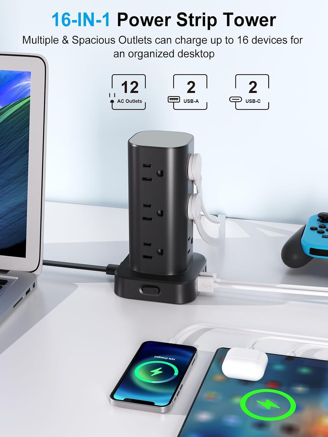 Detalle 2 de UWIWUTEI HD-Q16 Power Strip Tower, 12 Outlets, 4 USB Ports, 1800J