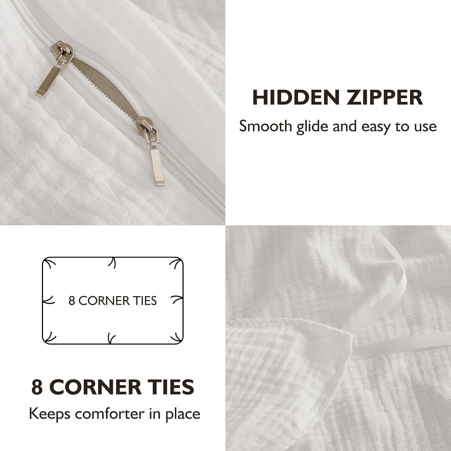 Thumbnail 6 de EMME Muslin Cotton King Duvet Cover Set, Cream White, Hidden Zipper
