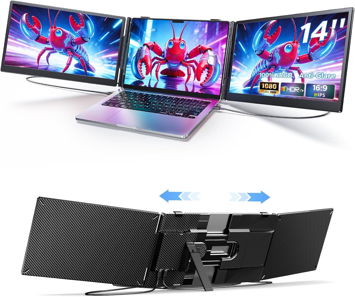 Laptop Screen Extender: Triple 14"-14" to 17.3" USB-C Portable Monitor for On-the-Go Multi-Tasking