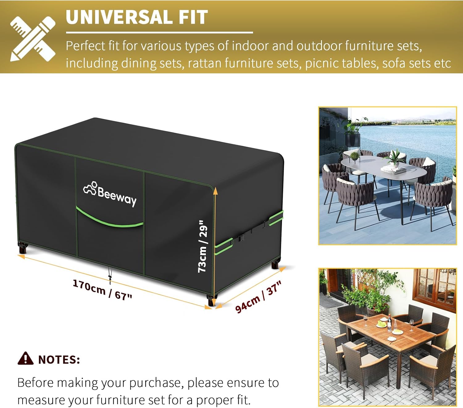 Detalle 2 de Beeway Garden Furniture Cover with Air Vent – 170x94x72 cm, Waterproof 420D Oxford, Windproof