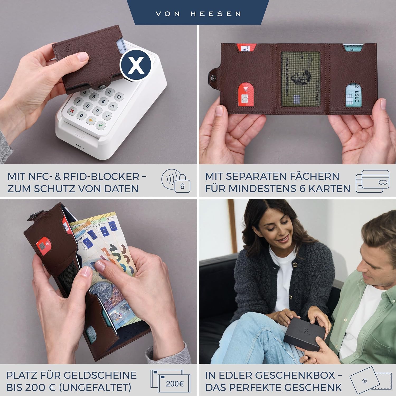 Thumbnail 1 de VON HEESEN Slim Wallet mit RFID-Schutz – Herren/Damen Mini-Geldbörse aus Nappaleder, braun