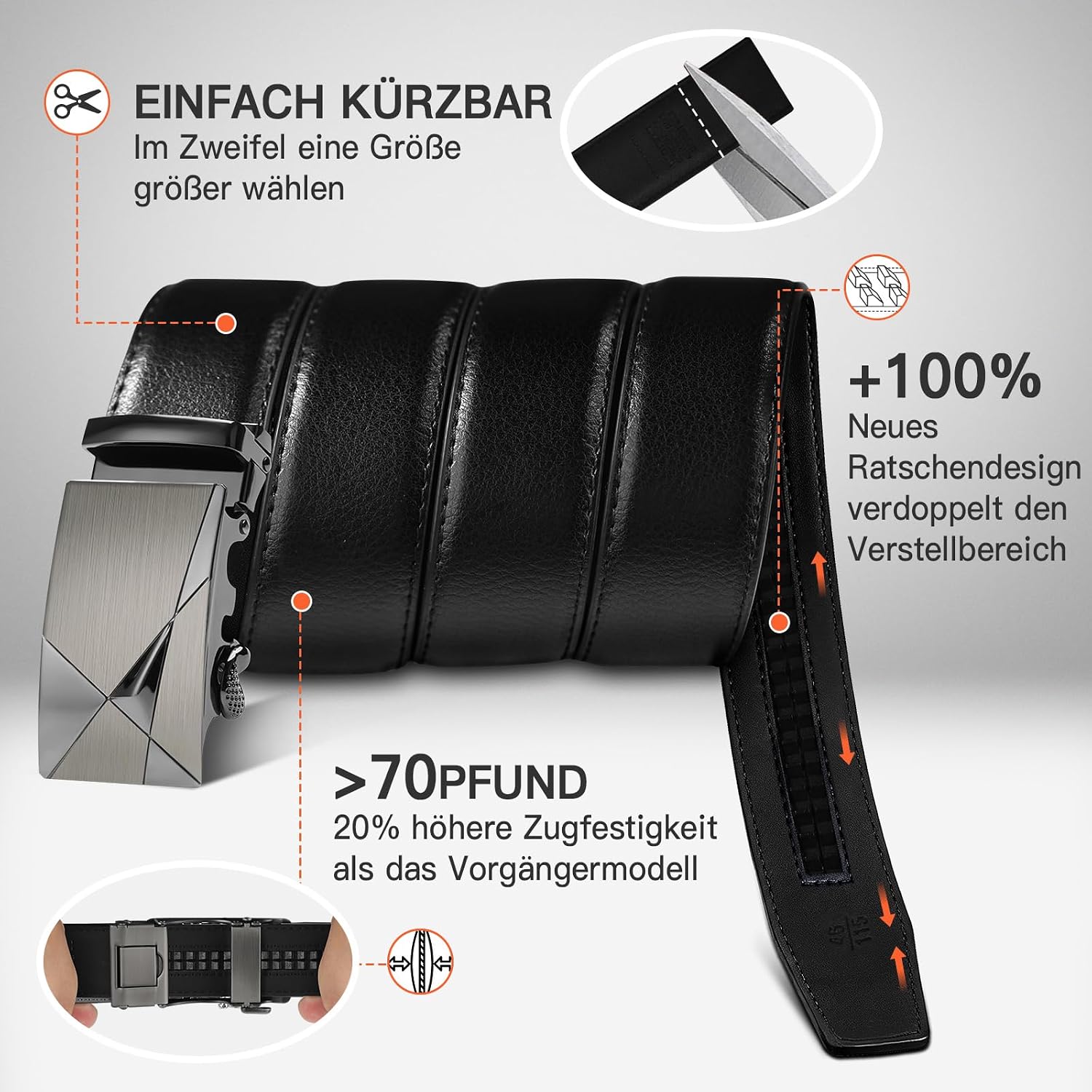 Detalle de TANGCHAO Gürtel Herren mit automatischer Ratsche-Schnalle – 35 mm Lederriegel, einstellbare Größe