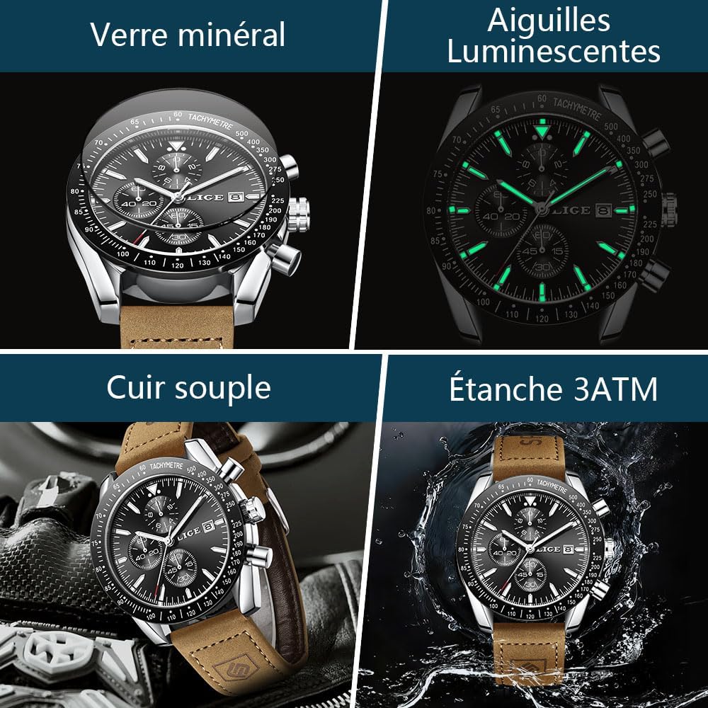 Detalle 2 de LIGE Montre Homme chronographe analogique Quartz bracelet cuir souple 45 mm