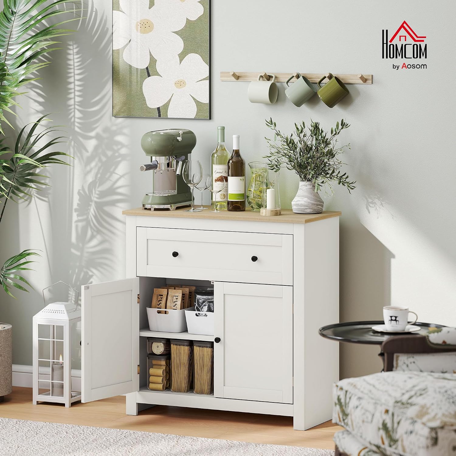 Detalle 2 de HOMCOM 83B-428V80CW Sideboard, Cream White, Adjustable Shelf and Drawer