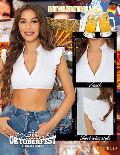 Detalle 2 de Funspread Dirndl Bluse Damen Weiß – kurze Ärmel, V-Ausschnitt, Trachtenbluse