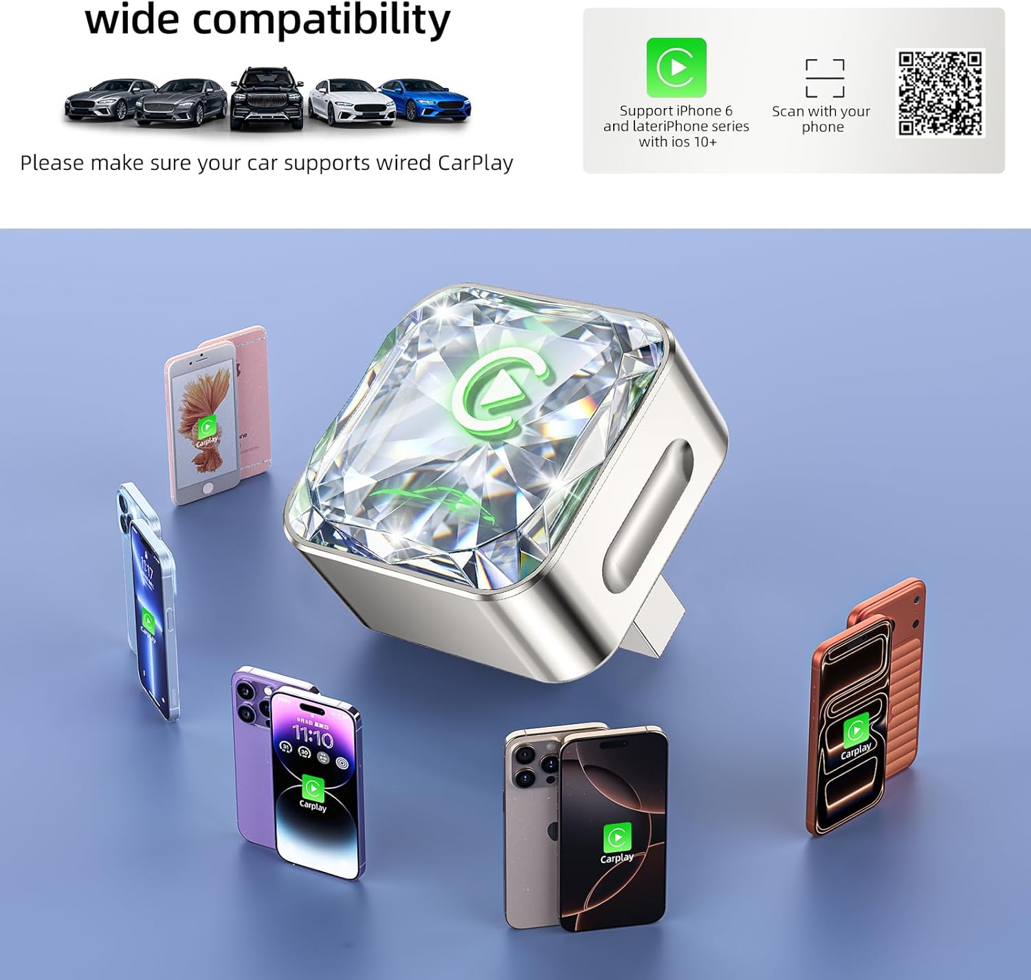 Detalle de Wireless Apple CarPlay Adapter (5.8G, Quad-Core, Plug & Play) — No-Lag CarPlay Receiver