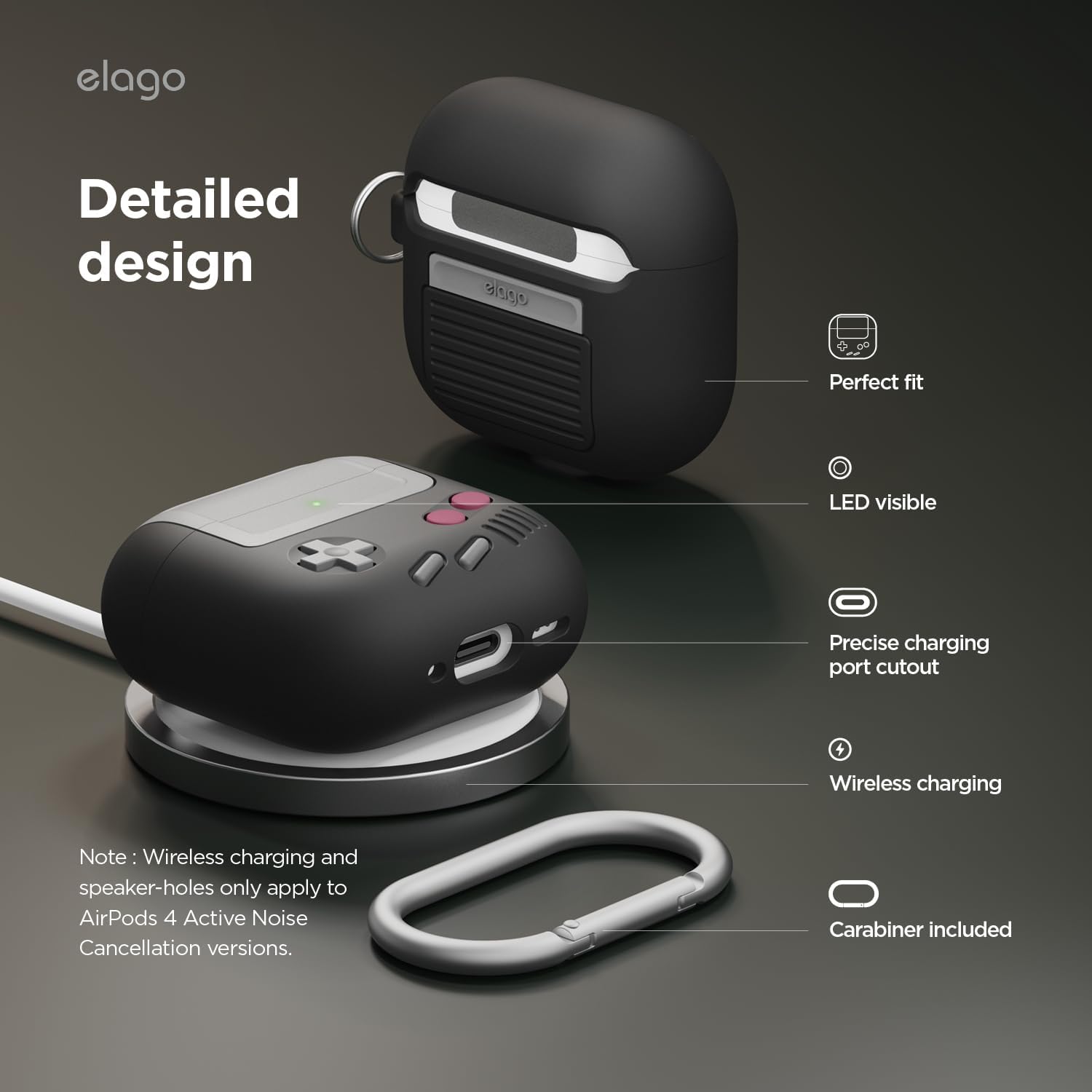 Thumbnail 5 de elago Coque AW5 compatible AirPods 4 (2024) – housse silicone style console de jeu portable rétro noire, avec mousqueton