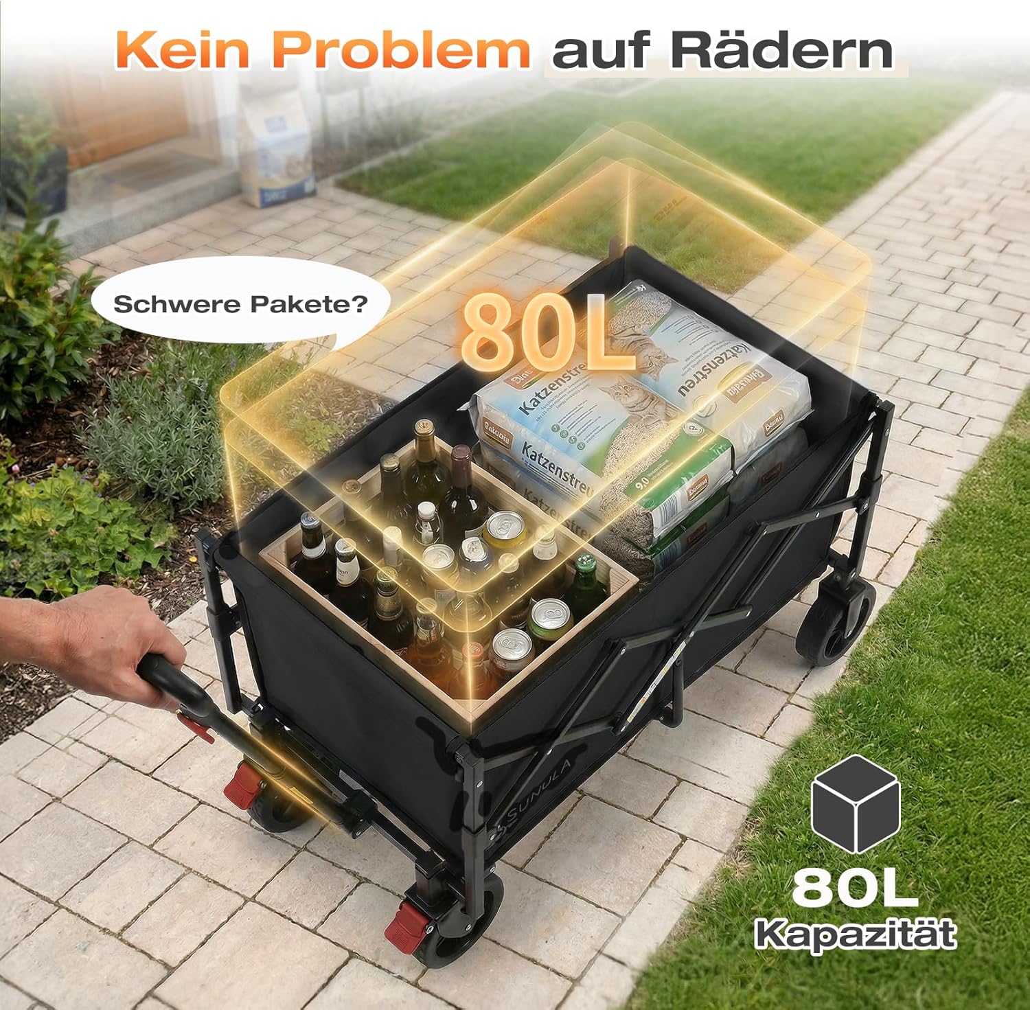 Thumbnail 2 de SUNULA faltbarer Bollerwagen klein, 80 l Volumen bis 100 kg, mit Bremsen – Schwarz