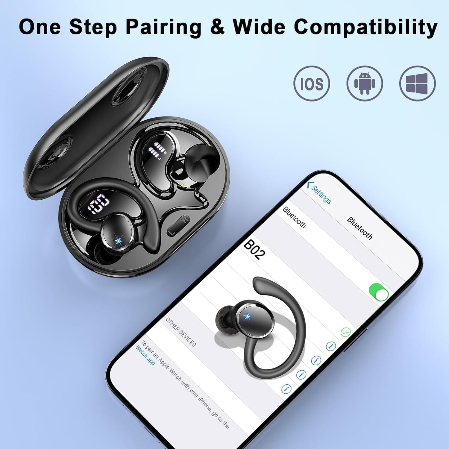 Detalle 2 de Matast Wireless Earbud Bluetooth 5.4 with Earhooks – IP7, 50h Playtime, ENC Noise Cancelling