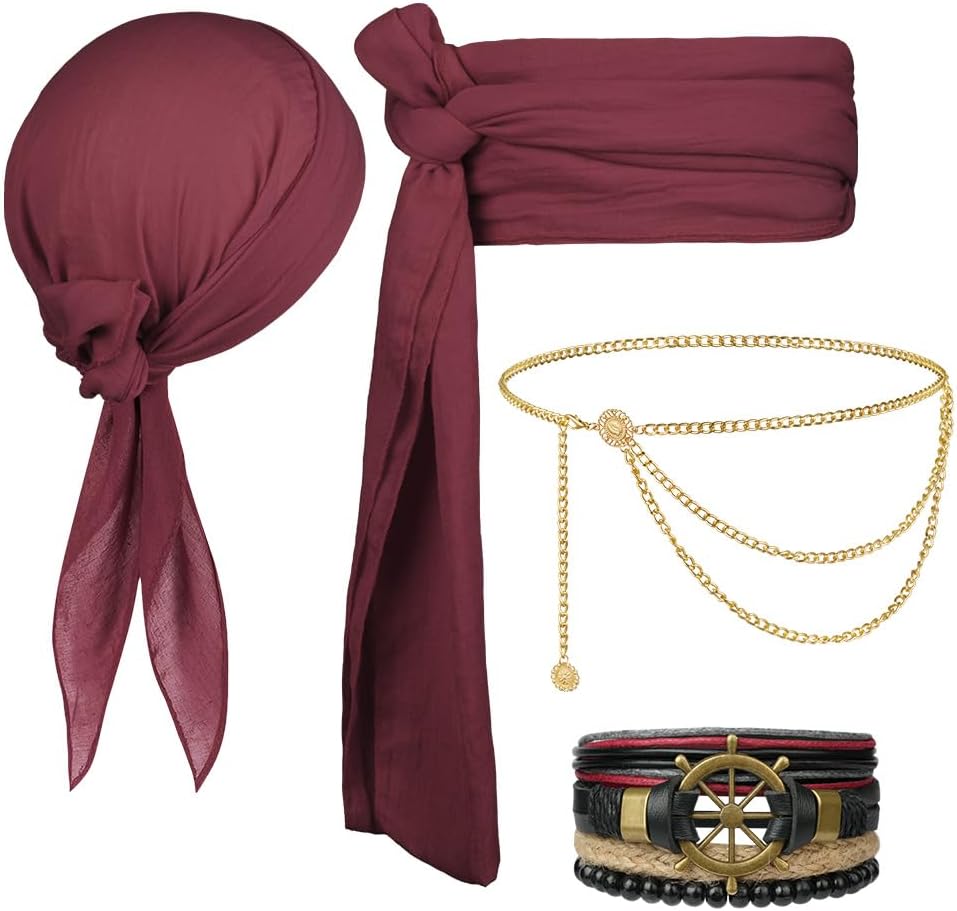 Alaoo Kit Accessori Pirata da Capitano: bandana e cintura regolabili per costume