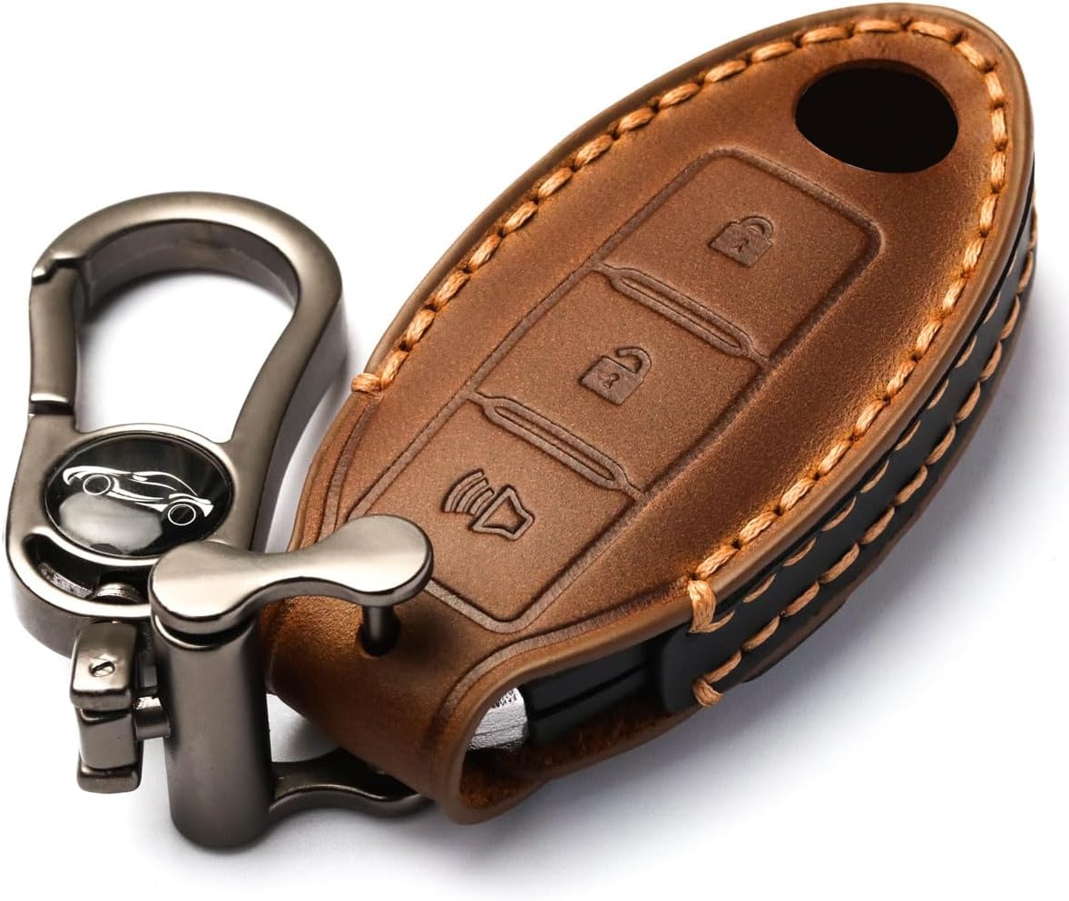 Detalle de APEKUU Leather Nissan Key Fob Cover, Hand-Stitched Brown Case