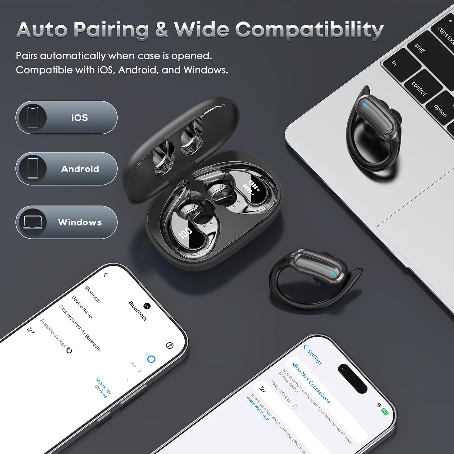 Detalle de TRAUSI i27 Wireless Earbuds with Earhooks, 54-Hour Case Playback and IPX7