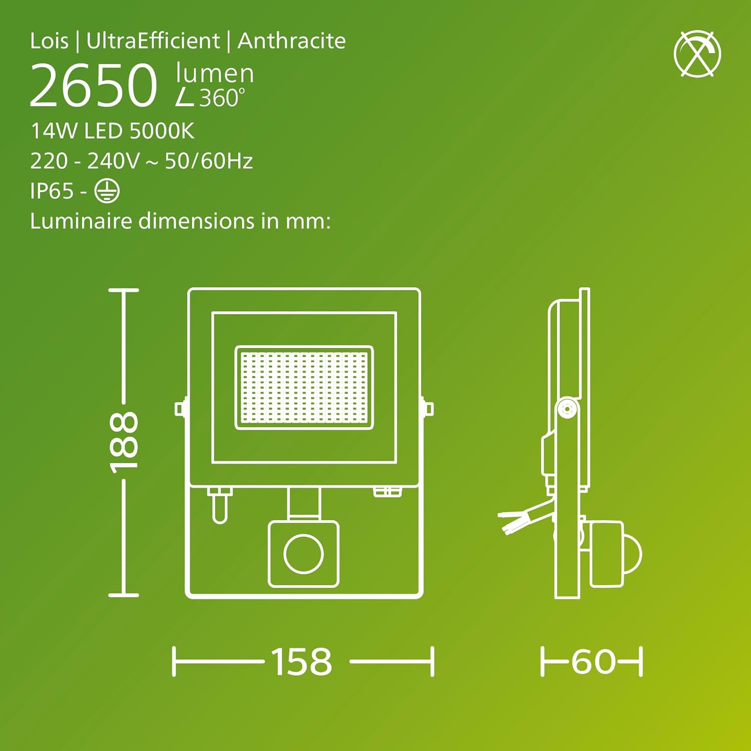 Thumbnail 2 de PHILIPS Lois Outdoor Floodlight with Sensor (14 W, 5000 K) in Anthracite